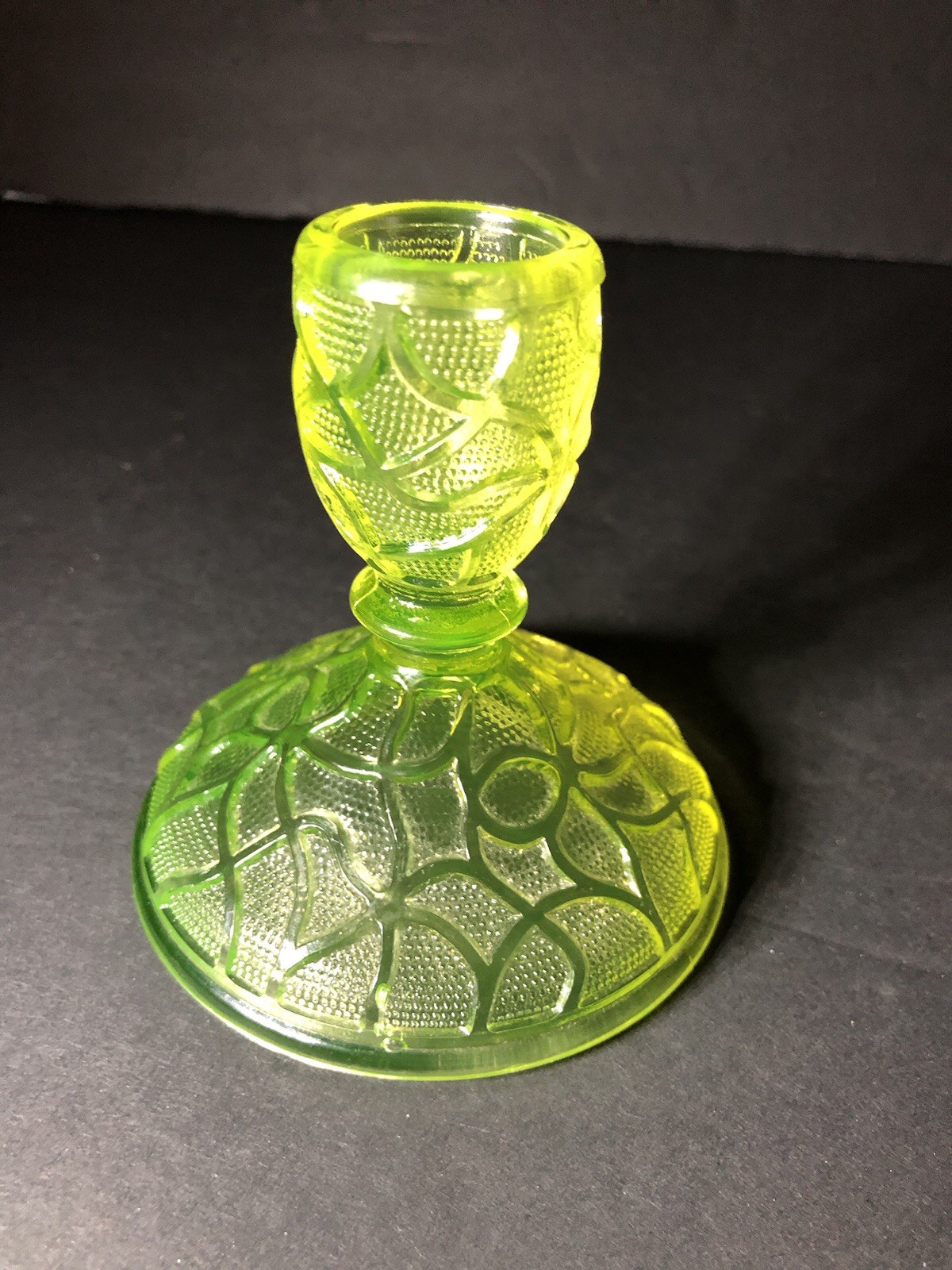 Imperial Glass Yellow Vaseline Uranium Tree of Life 3 3/8”Candle Holder Vintage
