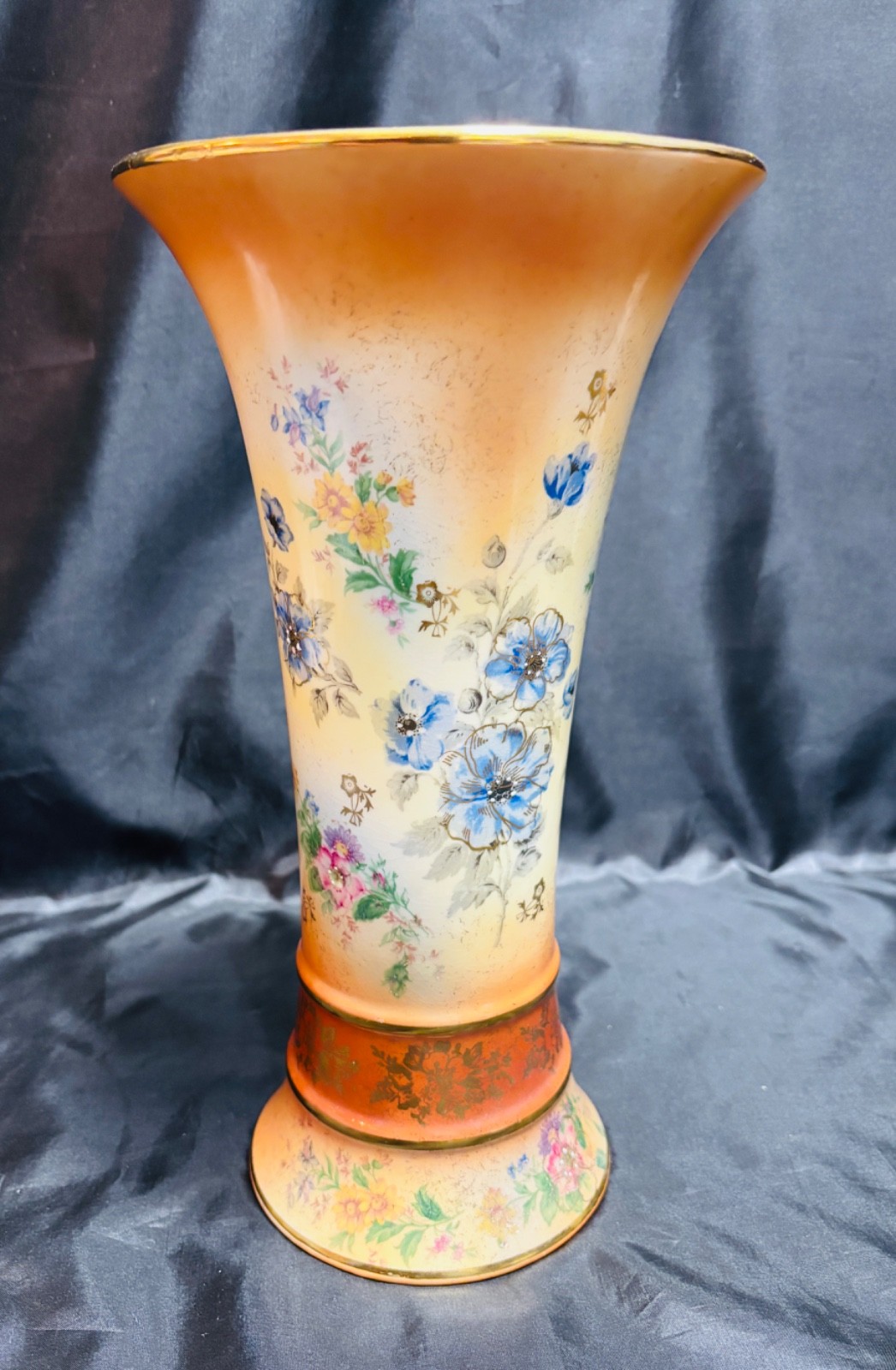 Antique Royal Worcester Blush Ivory 12.5” Trumpet Vase- Hand Painted Floral #713