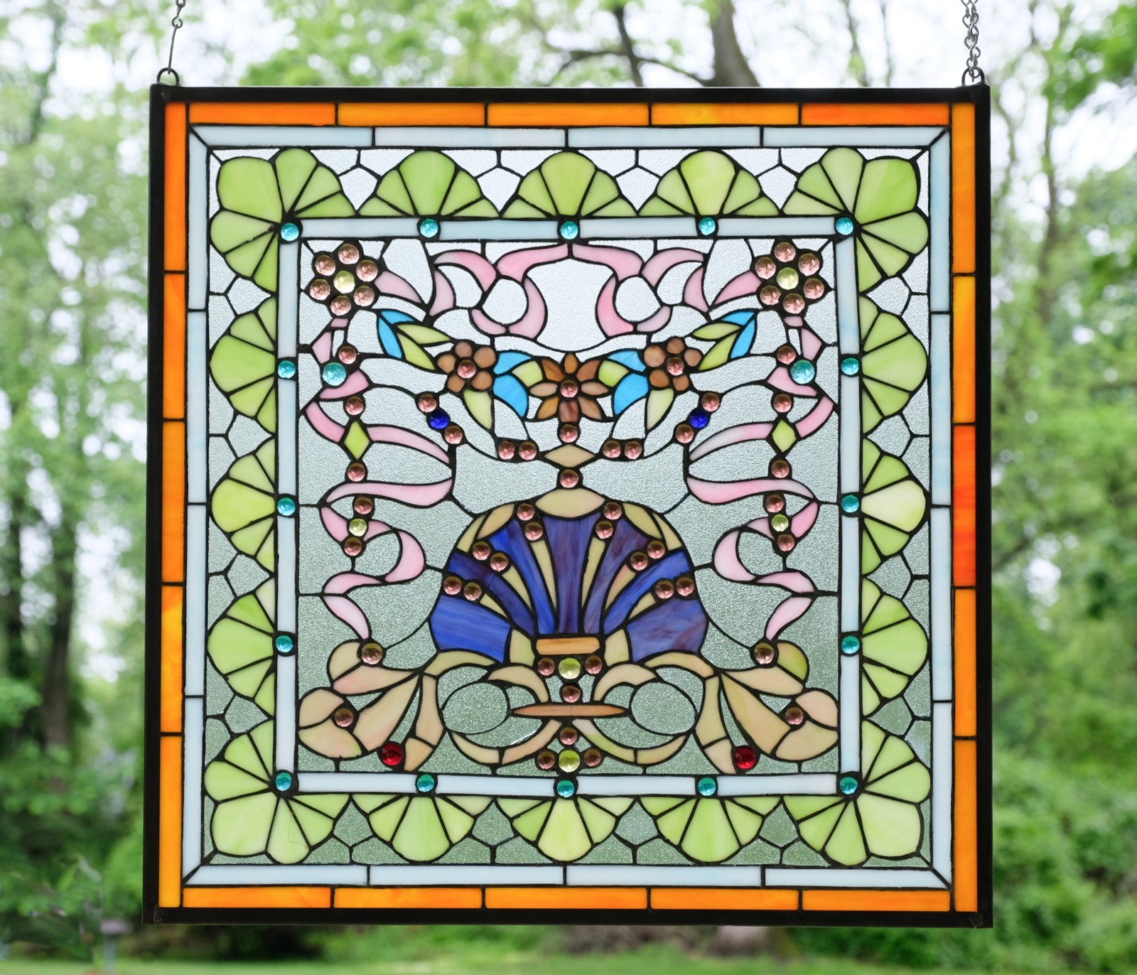 24.25″ x 24.25″ Tiffany Style stained glass window panel Jeweled glass QA104