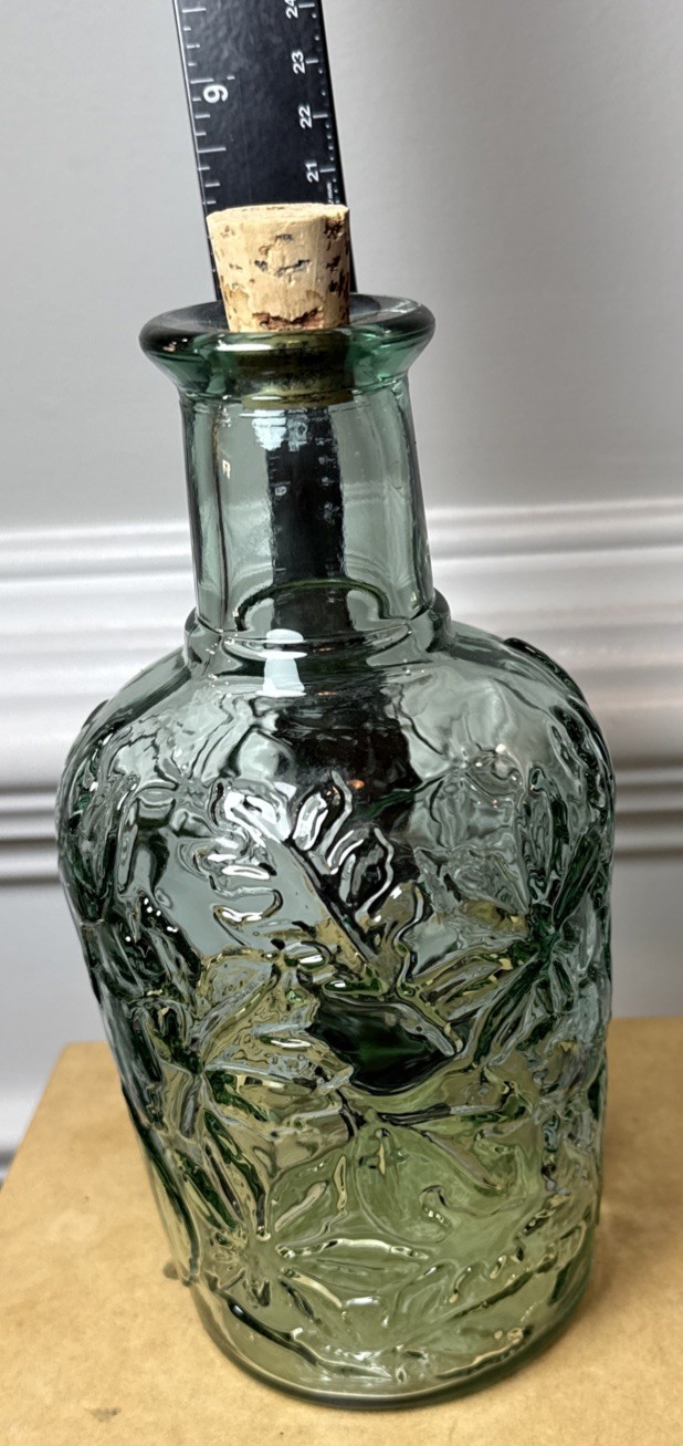 Vintage Canada Green Embossed Glass Bottle Decanter Cork Stopper Floral Leaf