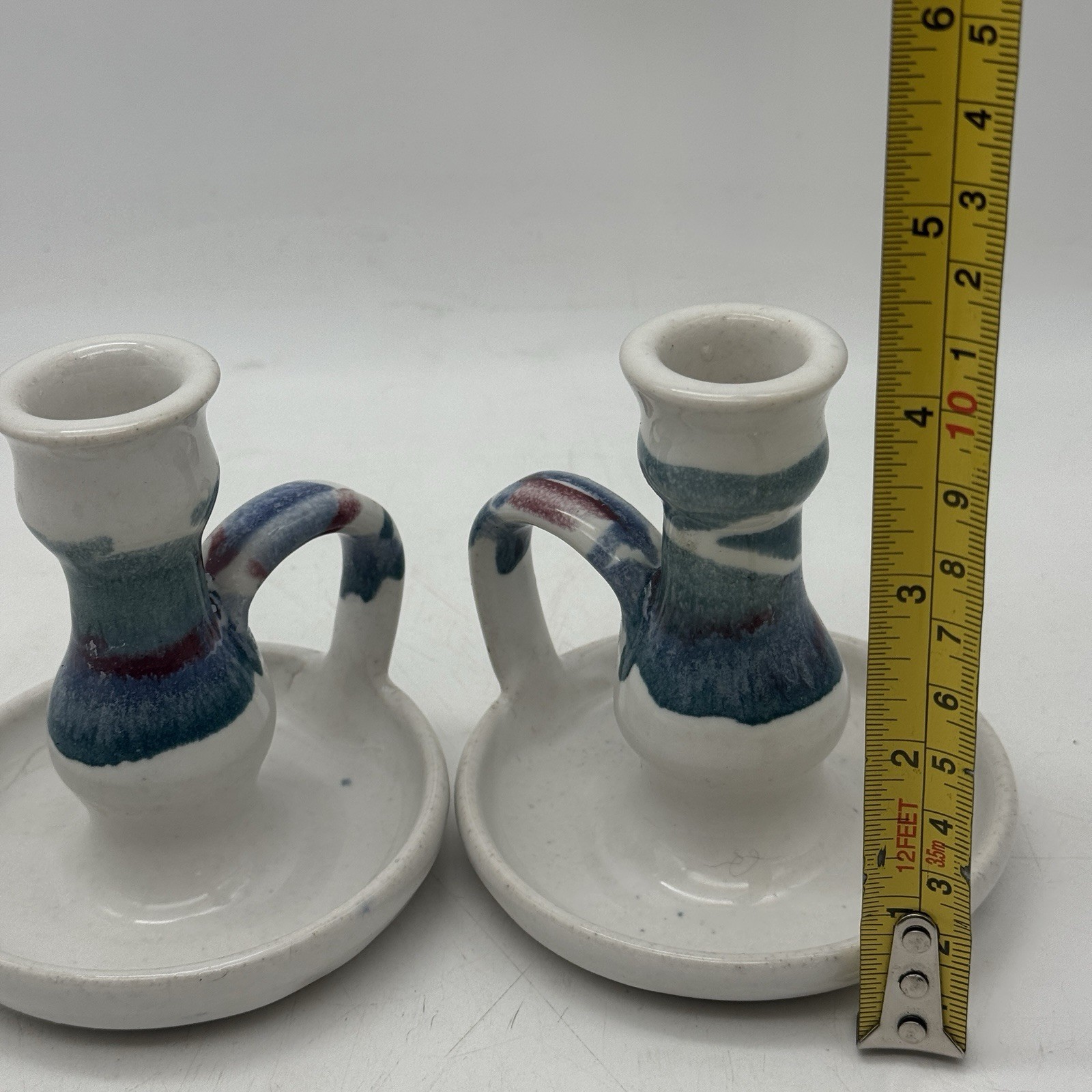 Studio Pottery Handmade Candlesticks Loop Handles Blue Green Red Glaze 4″ Signed