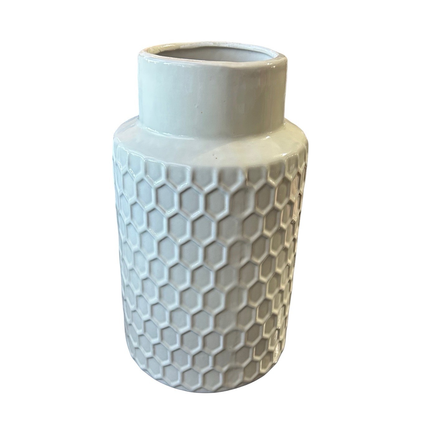 White Ceramic Vase 9” Utensil Holder Honeycomb Textured Design Minimalist New