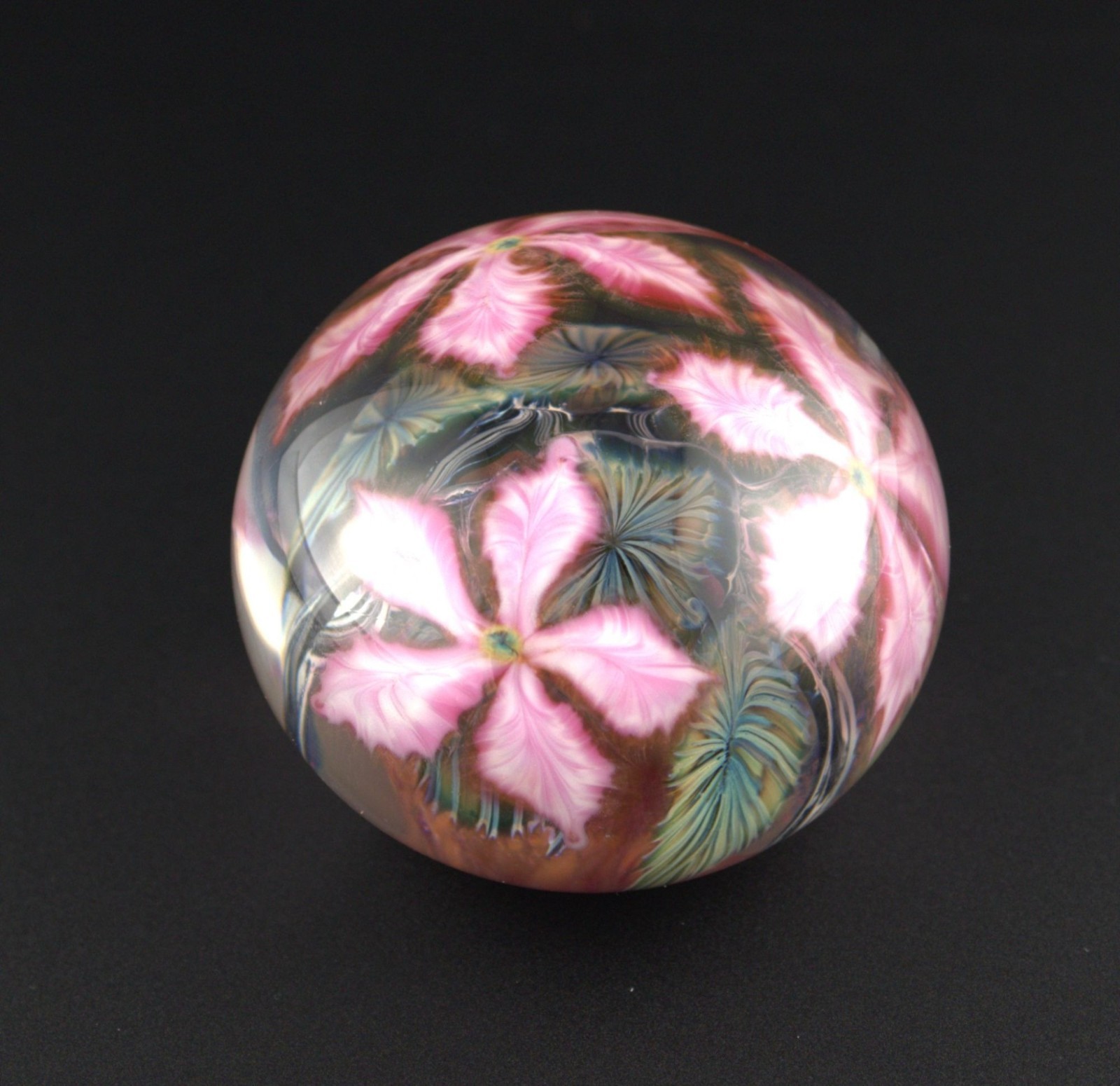 John Lotton 1991 Clematis Art Glass Paperweight Signed Pink Floral Studio Glass