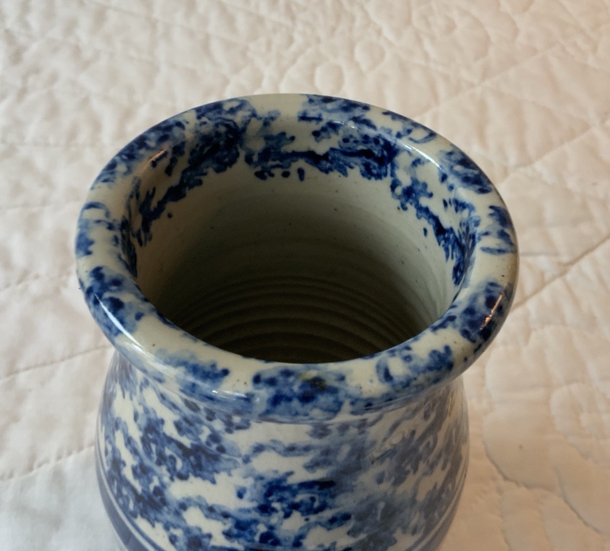 Vintage Pottery Vase, Salt Glaze Spongeware, 1991, Blue & White, 6 3/8” Tall