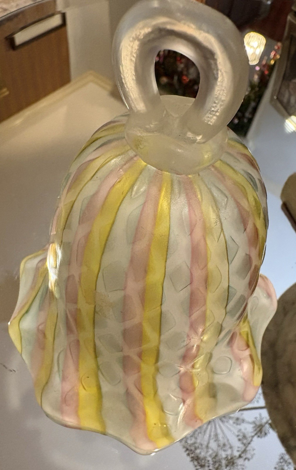 Vintage Hand Blown Italian Art Glass Bell Opaline Latticino Pink Yellow Ruffled