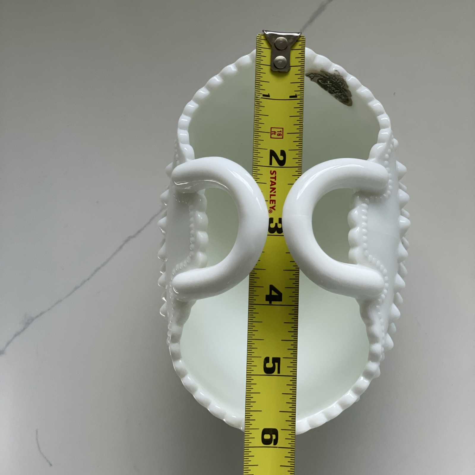VTG Fenton Hobnail Milk Glass Curved Bowl Basket Double Handle Oval Orig Sticker