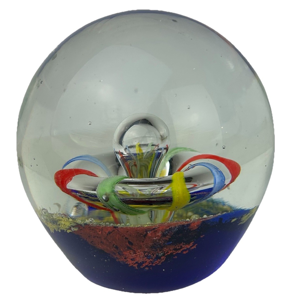 Vintage Art Glass Swirl Bubble Hand blown Paperweight Sulfur Press colorful
