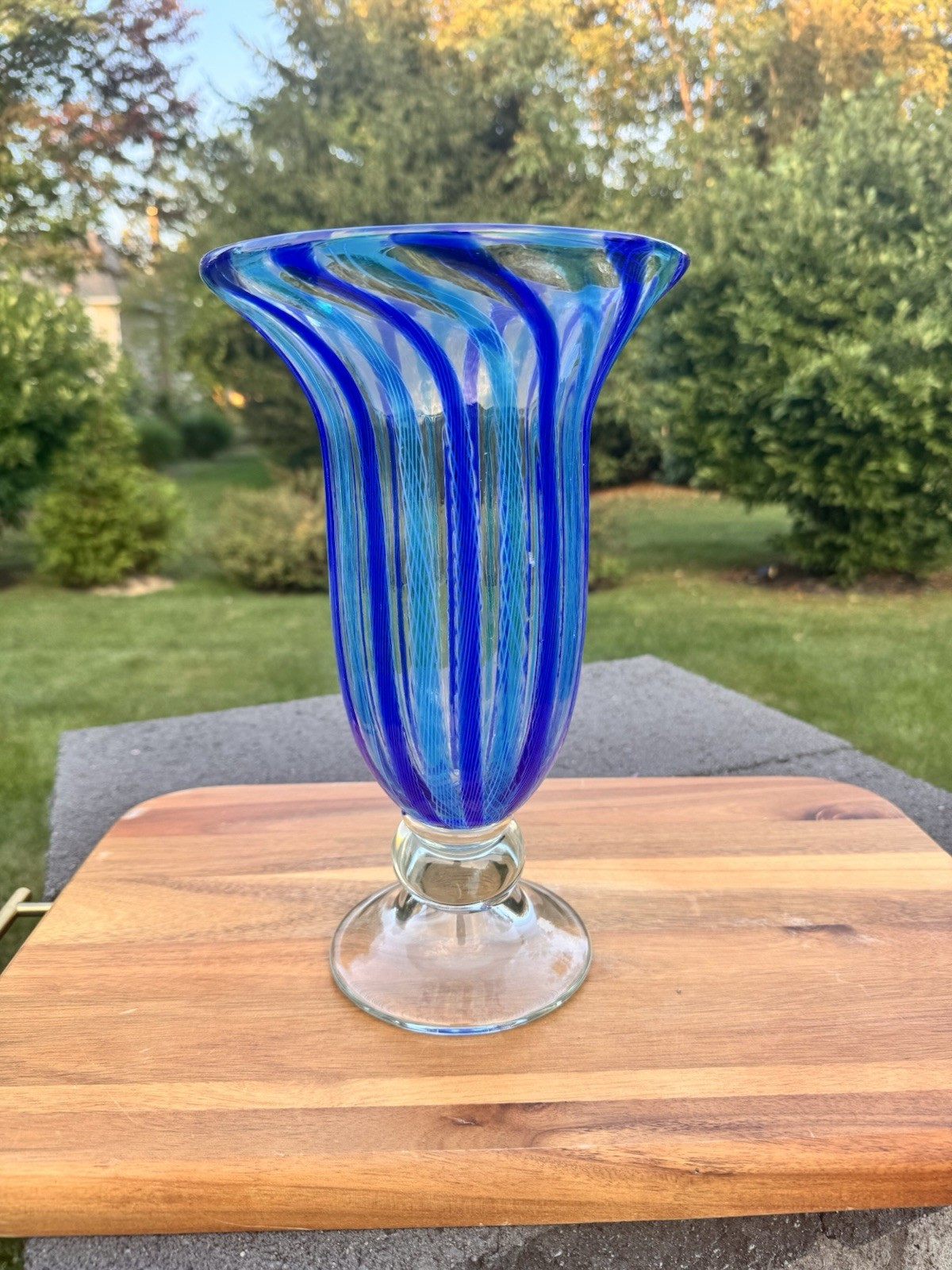 MCM Hand blown Blue Striped Art Glass Clear Footed Trumpet Vase 12” H