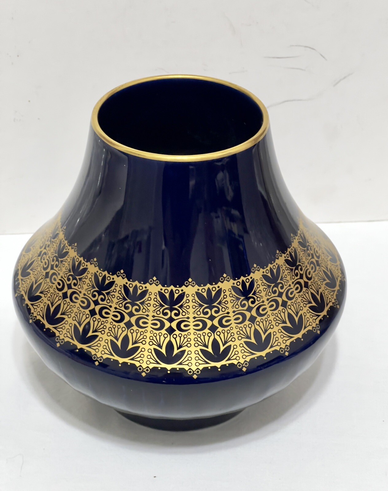 Bavarian Ceramic Vase Blue/Black Gold Band and Rim 6″h x 5.5″w. Rim 2 7/8″w