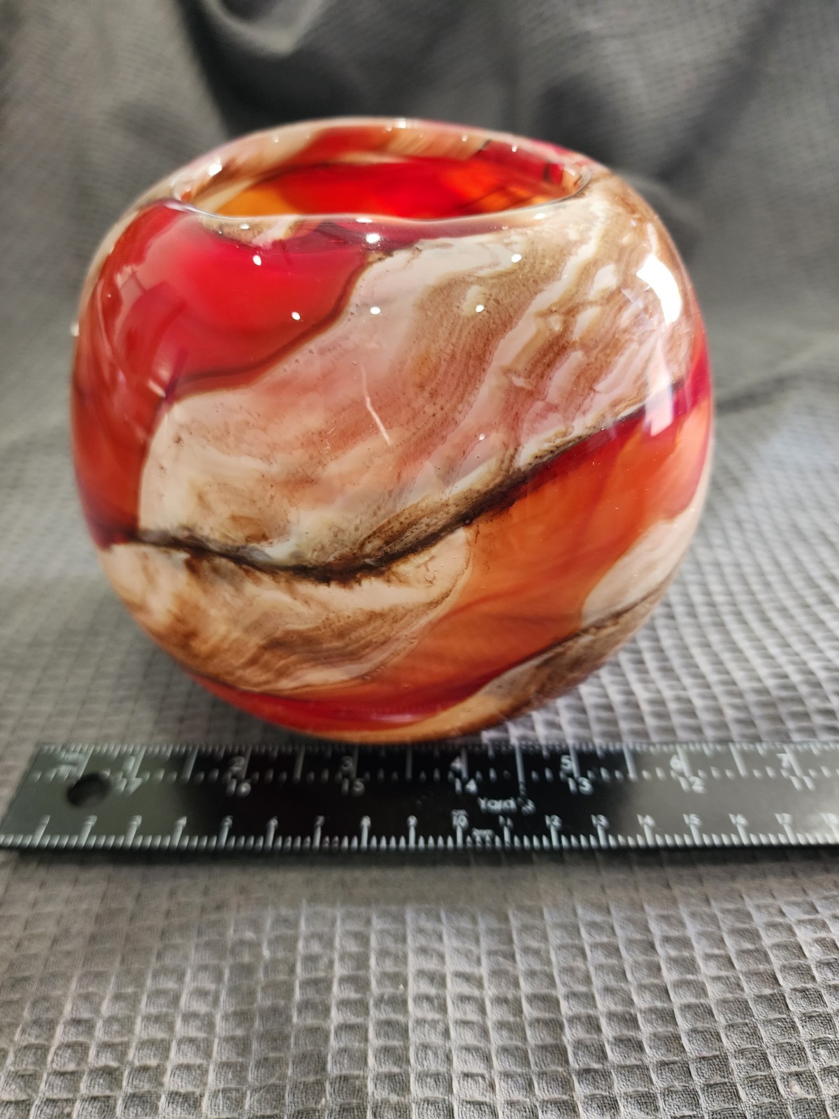 Glass Sphere Orange Red Brown White Round Vase 6” Unsigned