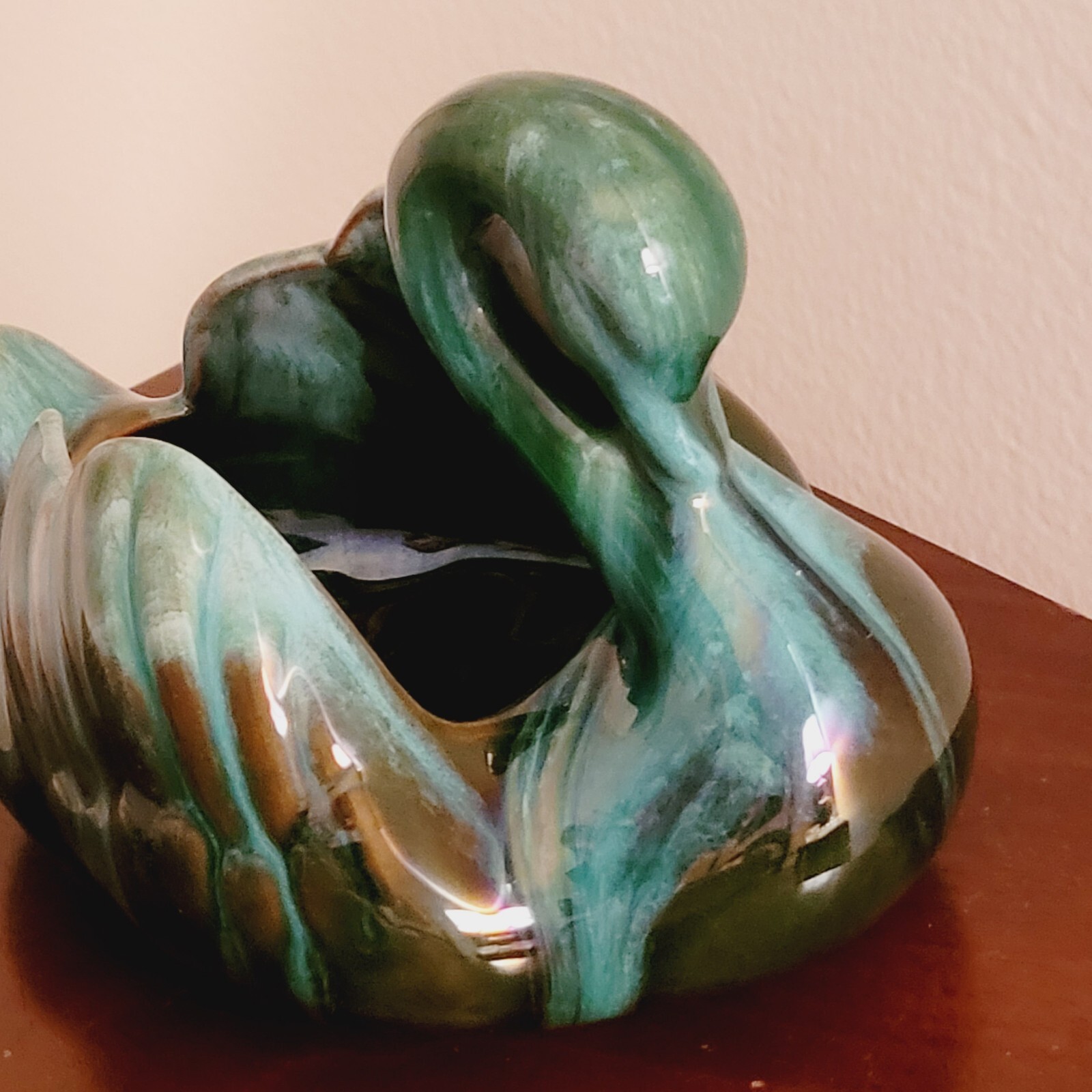 Blue Mountain Pottery Glaze Drip Green & Brown Swan Vase Figurine Sticker OnBase