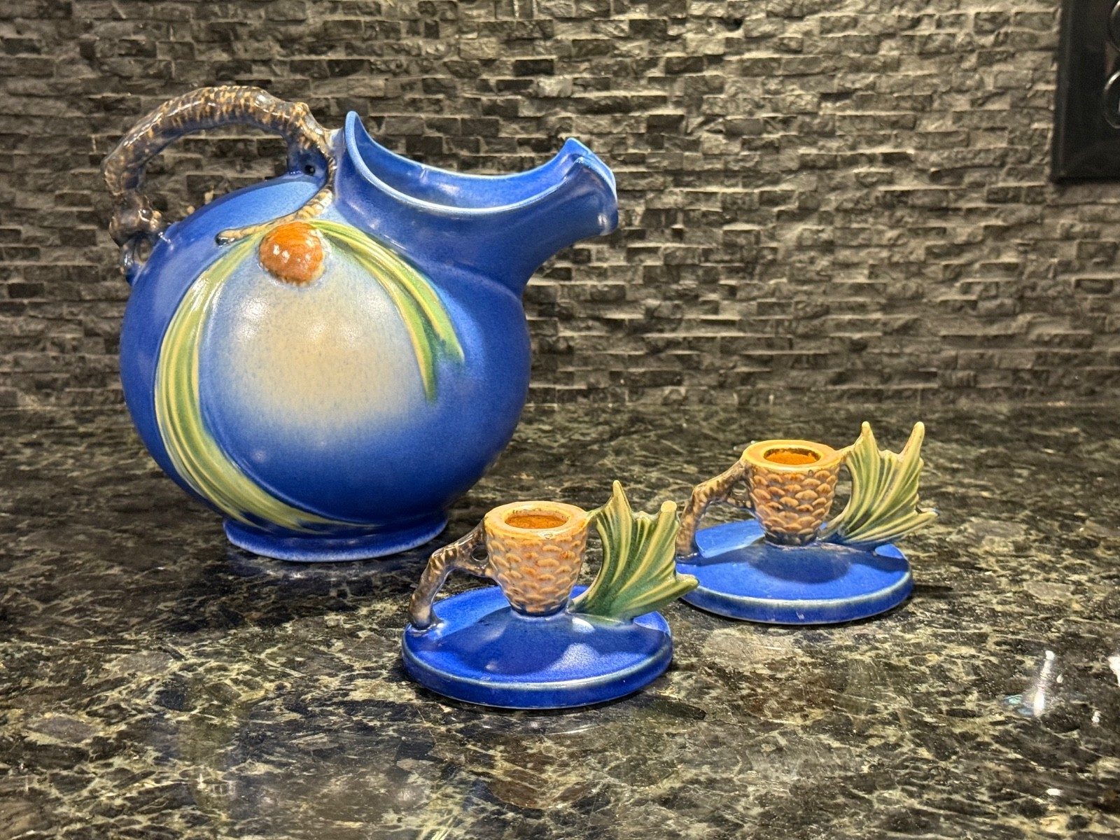 Roseville Blue Pine Cone 1321 Ice Lip Pitcher & 1123 Candle Holders