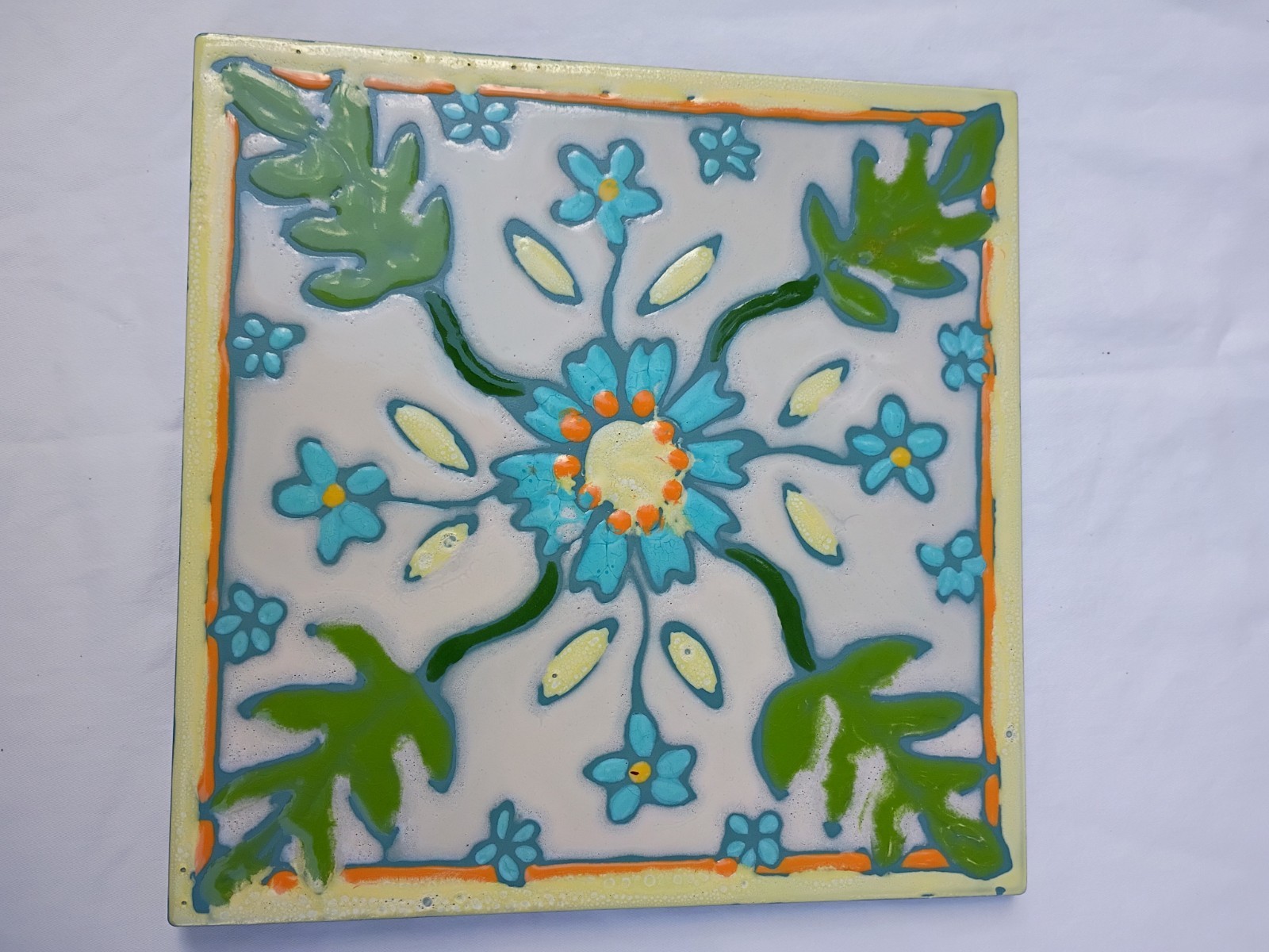 Art Pottery Tile 7 3/4″ X 7 3/4″ Hand Painted By Amy Lee Pottery
