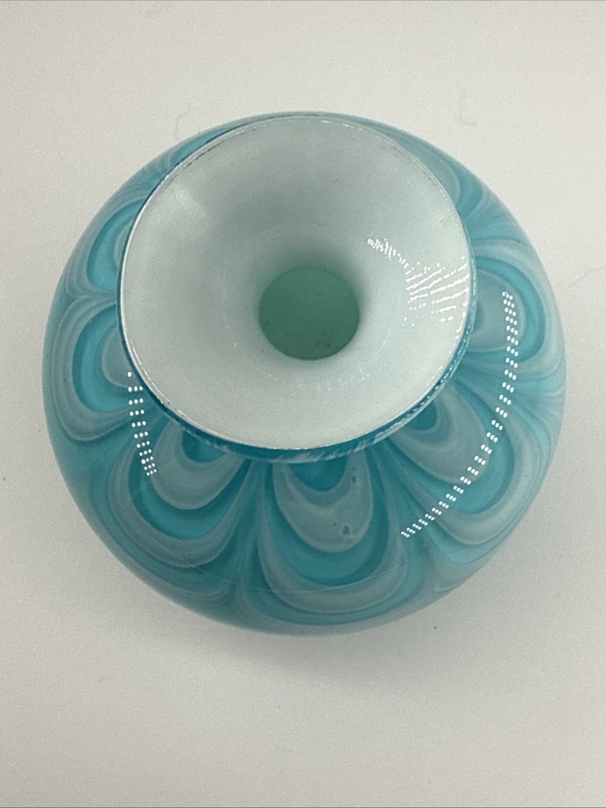 Turquoise And White Swirl White Case Hand Blown Art Glass Vase 5 Inches Tall
