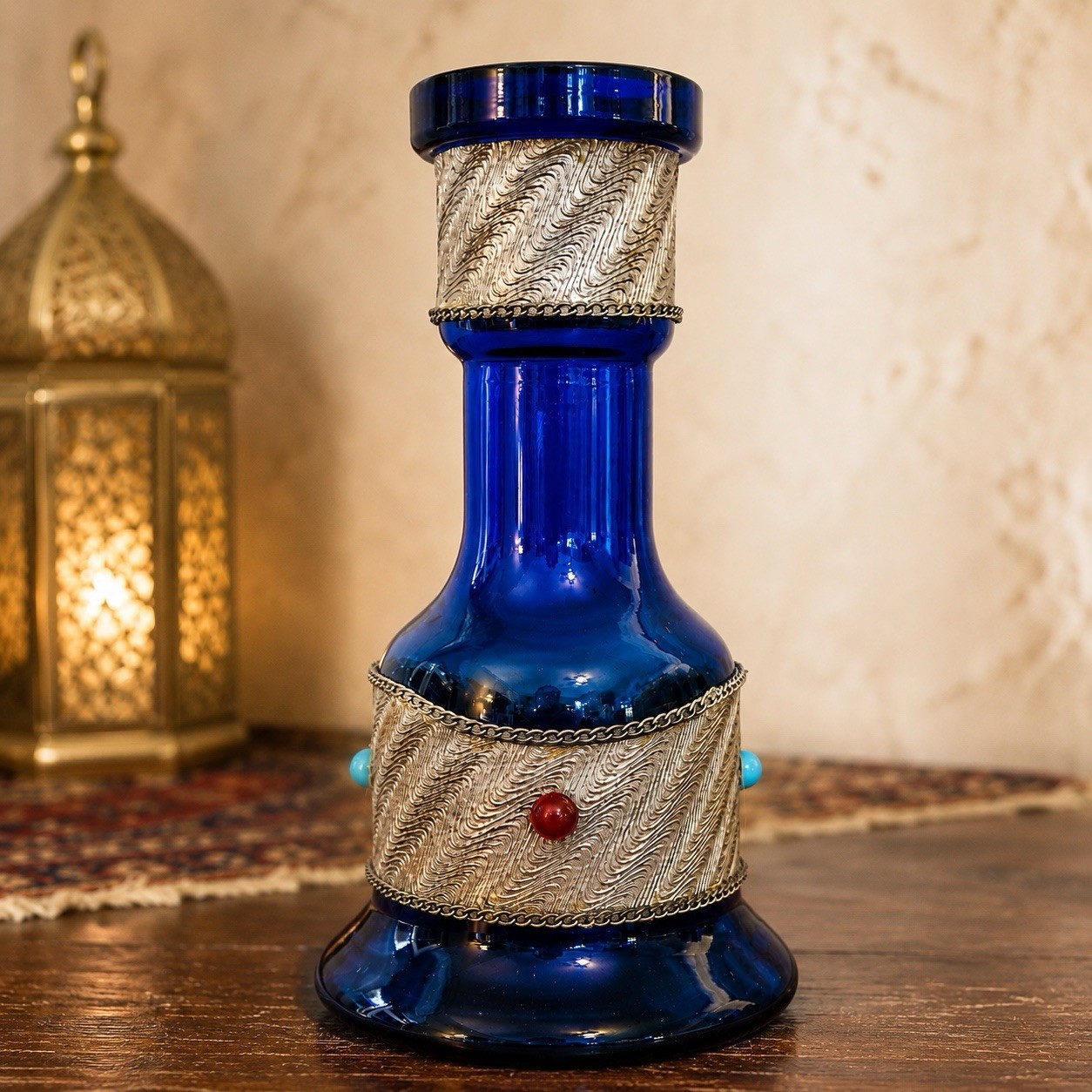 Vintage Cobalt Blue Glass Bottle Vase Ornate Silver Tone Trim Beaded 8”