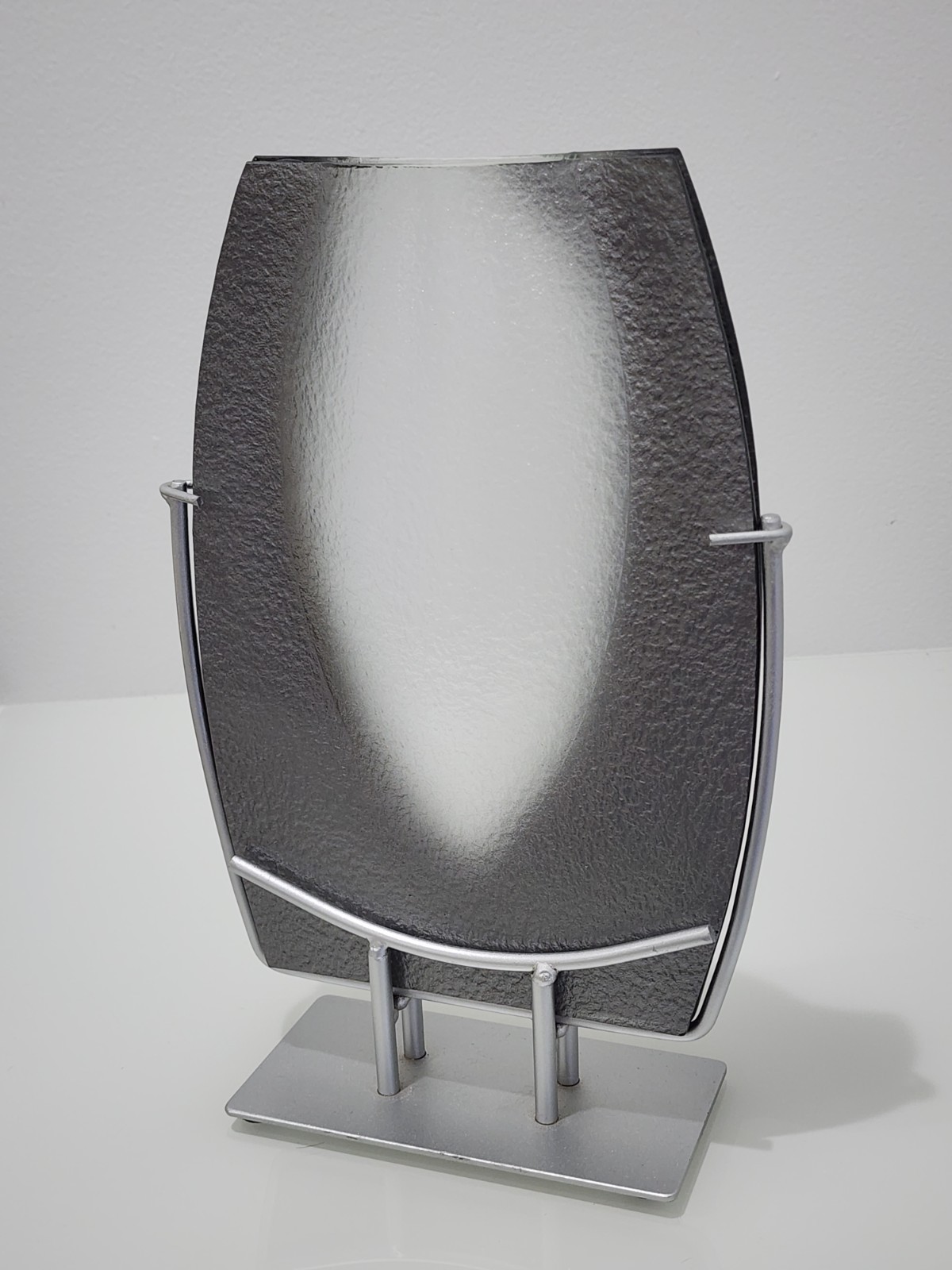 Attributed Mark Hines Art Glass Vase Metal Stand Smoked Textured 13″