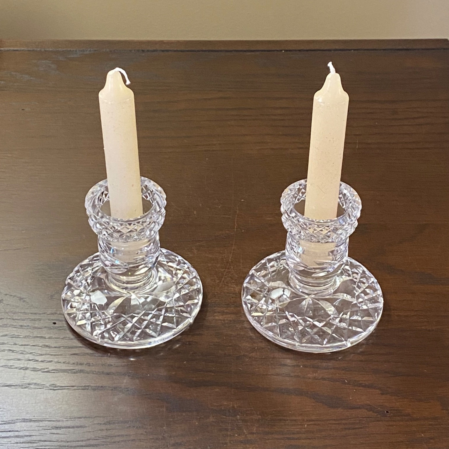 Pair of Waterford Glandore Crystal 3 3/8″ H Candle Holders Candlesticks ~ Signed