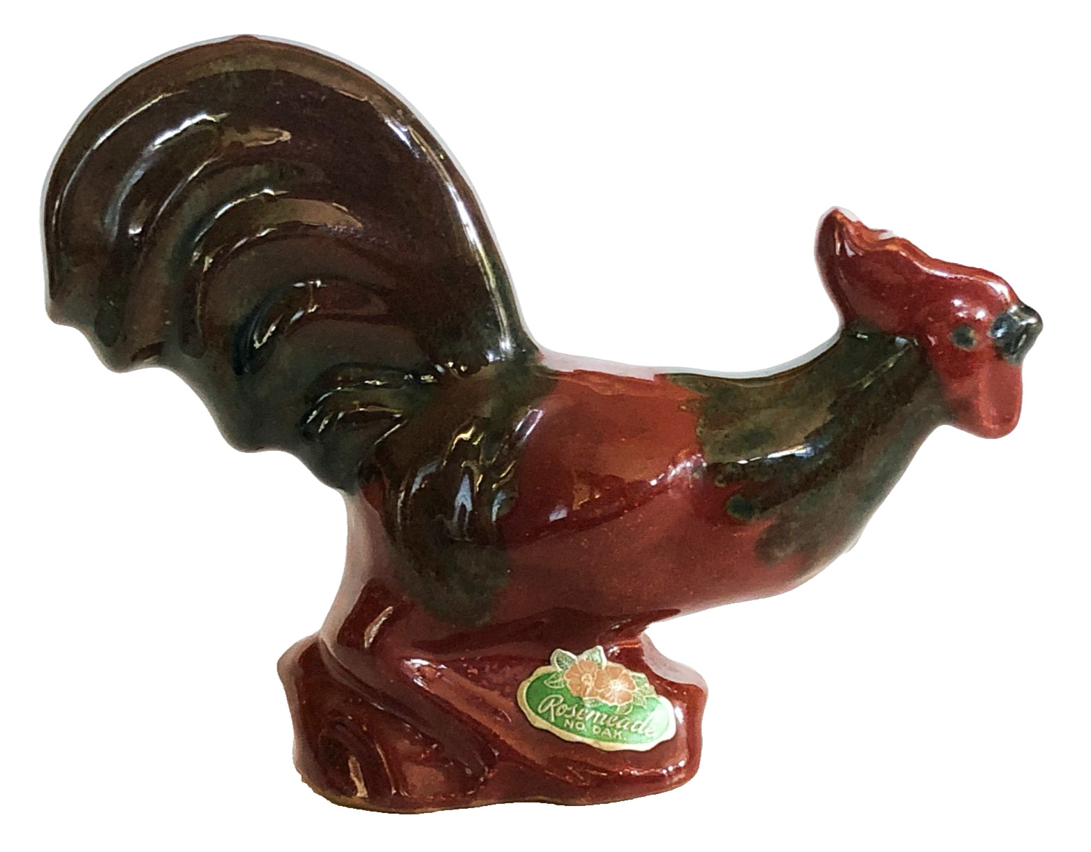 Rosemeade Rooster Glass Figure Original Label Hand Painted Bird Red Green Vtg