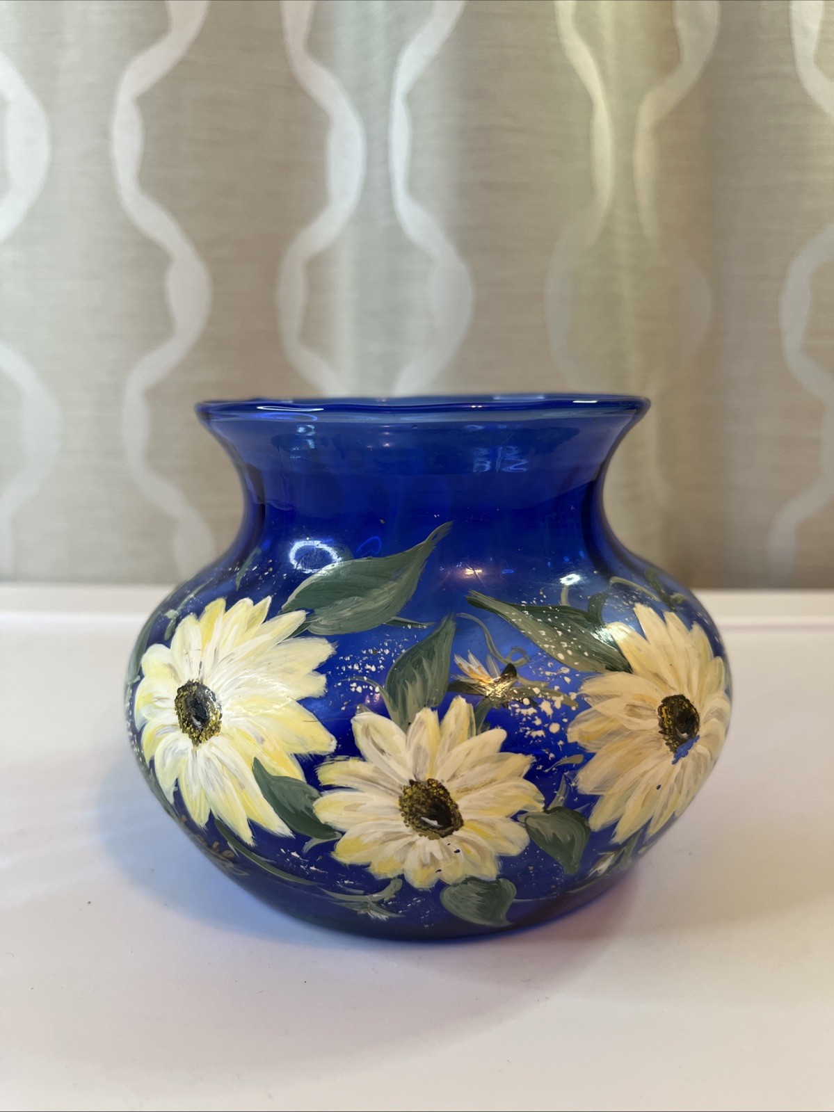 Vintage Indiana Glass Cobalt Blue Wide Mouth Bouquet Vase Illusions Hand Painted