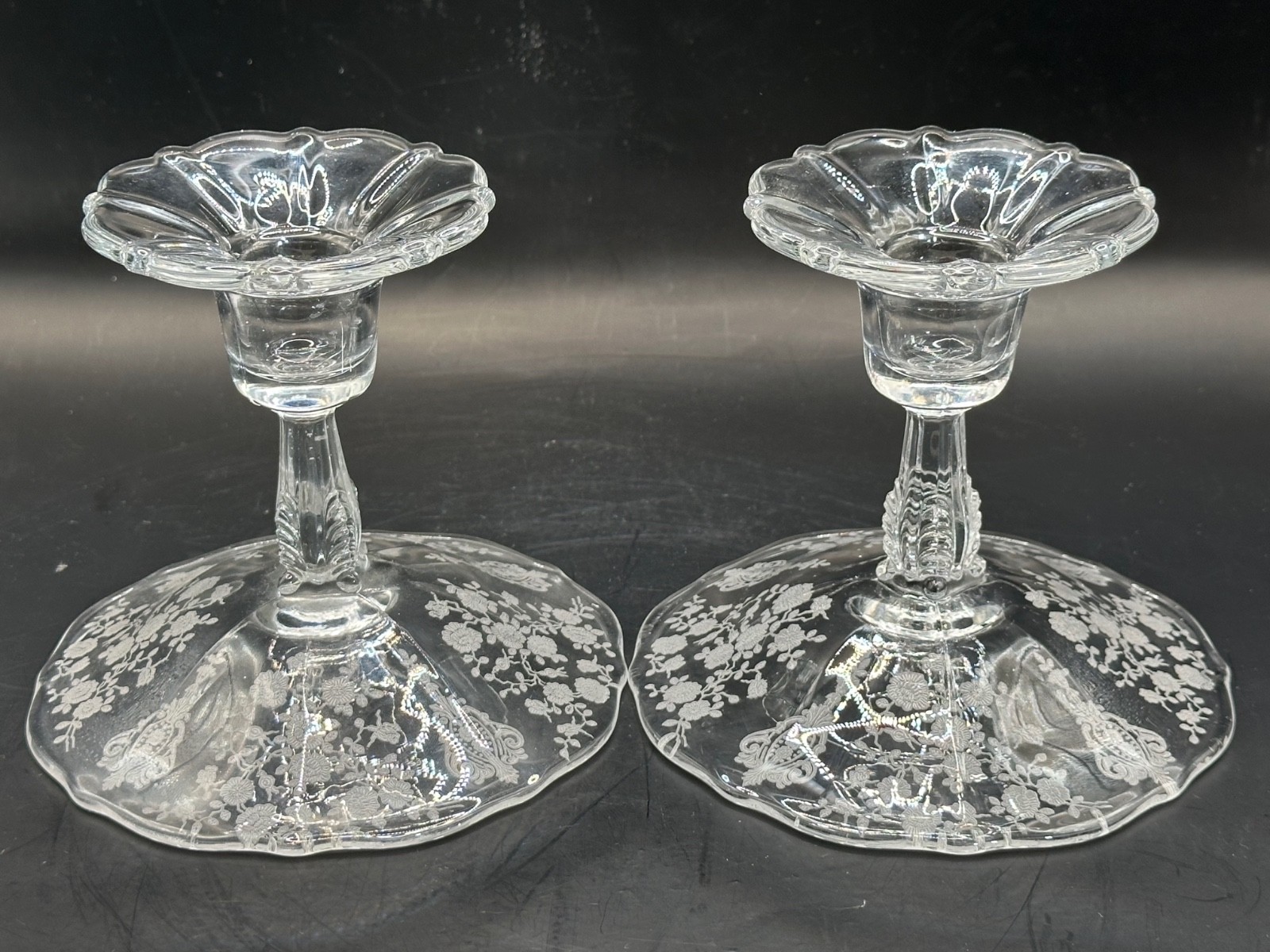 Pair Candle Holder Candlesticks by The Cambridge Glass Company Rose Point Etched
