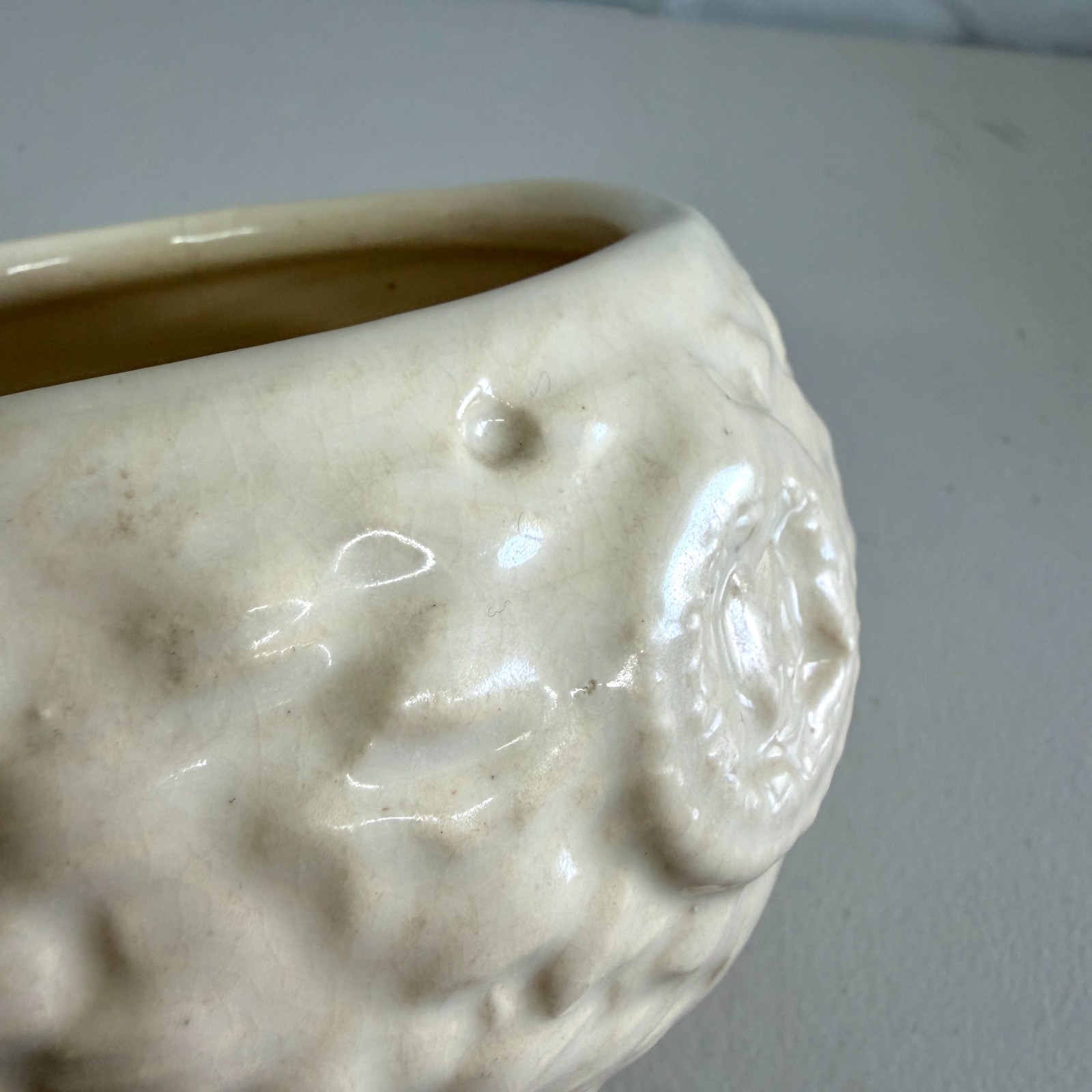 Vintage Nelson McCoy Basketweave Hanging Planter Ivory Pottery Bowl 5in 1930s