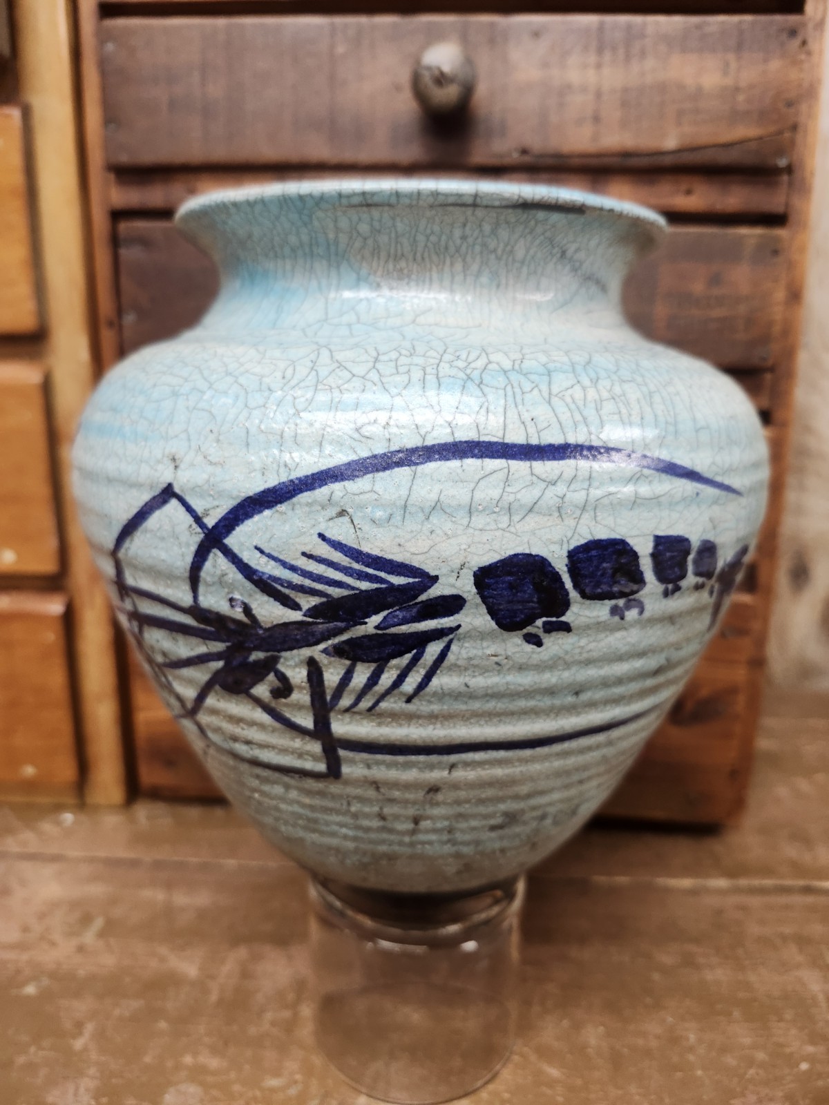 Vtg Don Williams Fine Art Raku Pottery Aqua Prawn Vase Florida DMW ’98