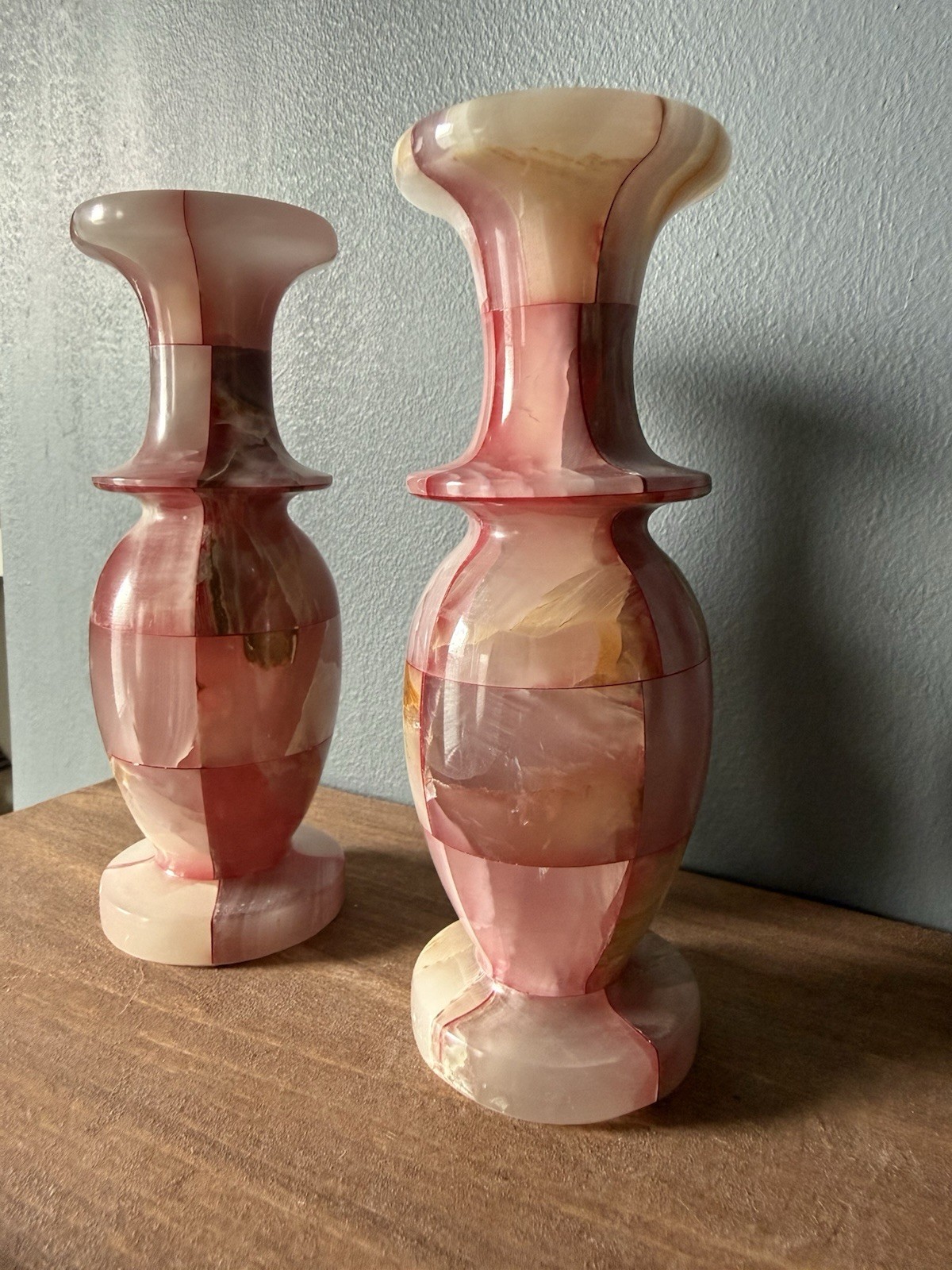 Pair Decorative Vase or Candle Holder Pink & White Onyx Marbled Pattern