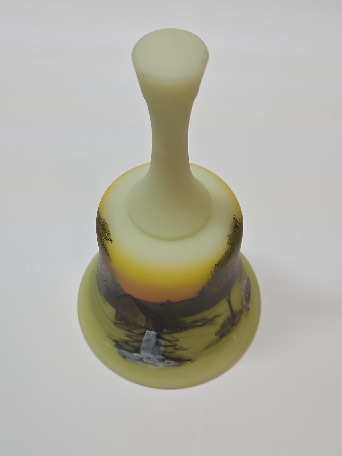 Fenton Uranium Glass Grist Mill Scene Bell Hand Painted By artist Gloria Finn