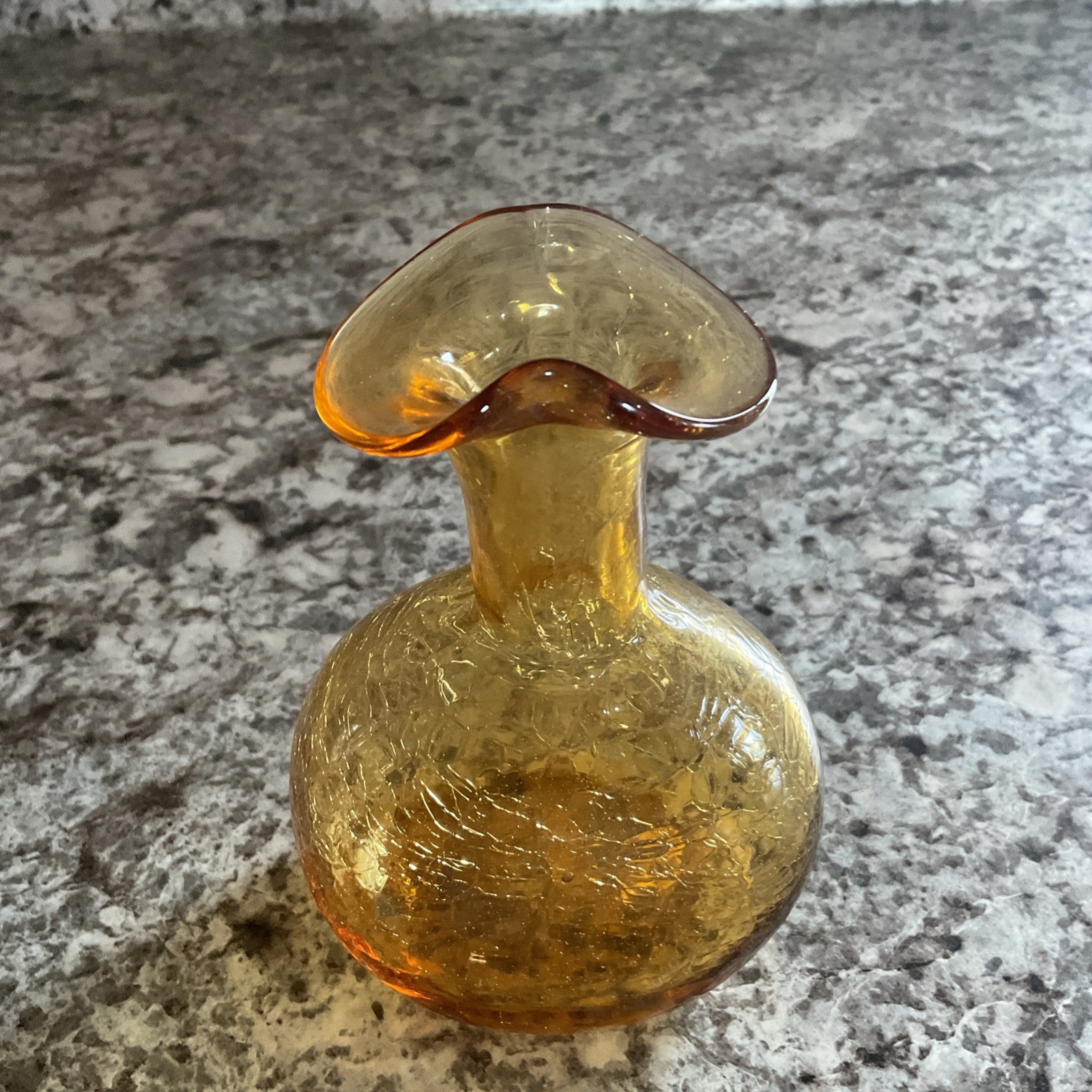 Hand Blown Amber Crackle Glass Vase Fluted Opening