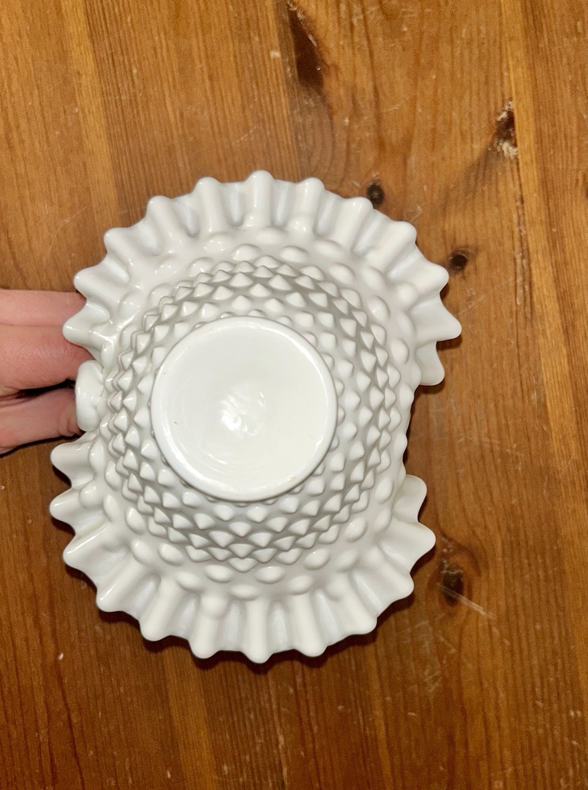 White Milk Glass Hobnail Pattern Ruffled Rim Basket 9”