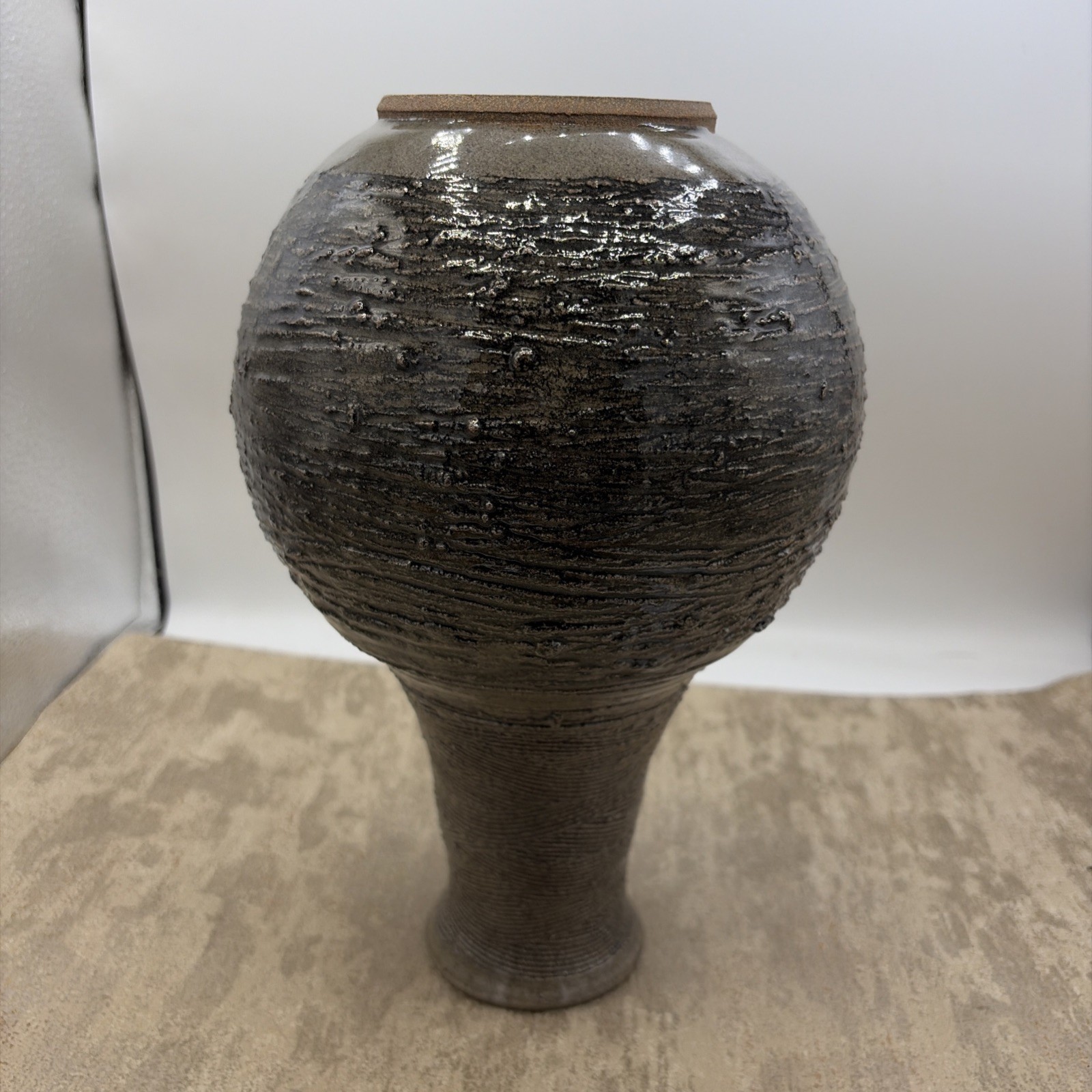 Handcrafted Studio Pottery case W/Metallic Grey Glaze & Textured Ribbed Signed