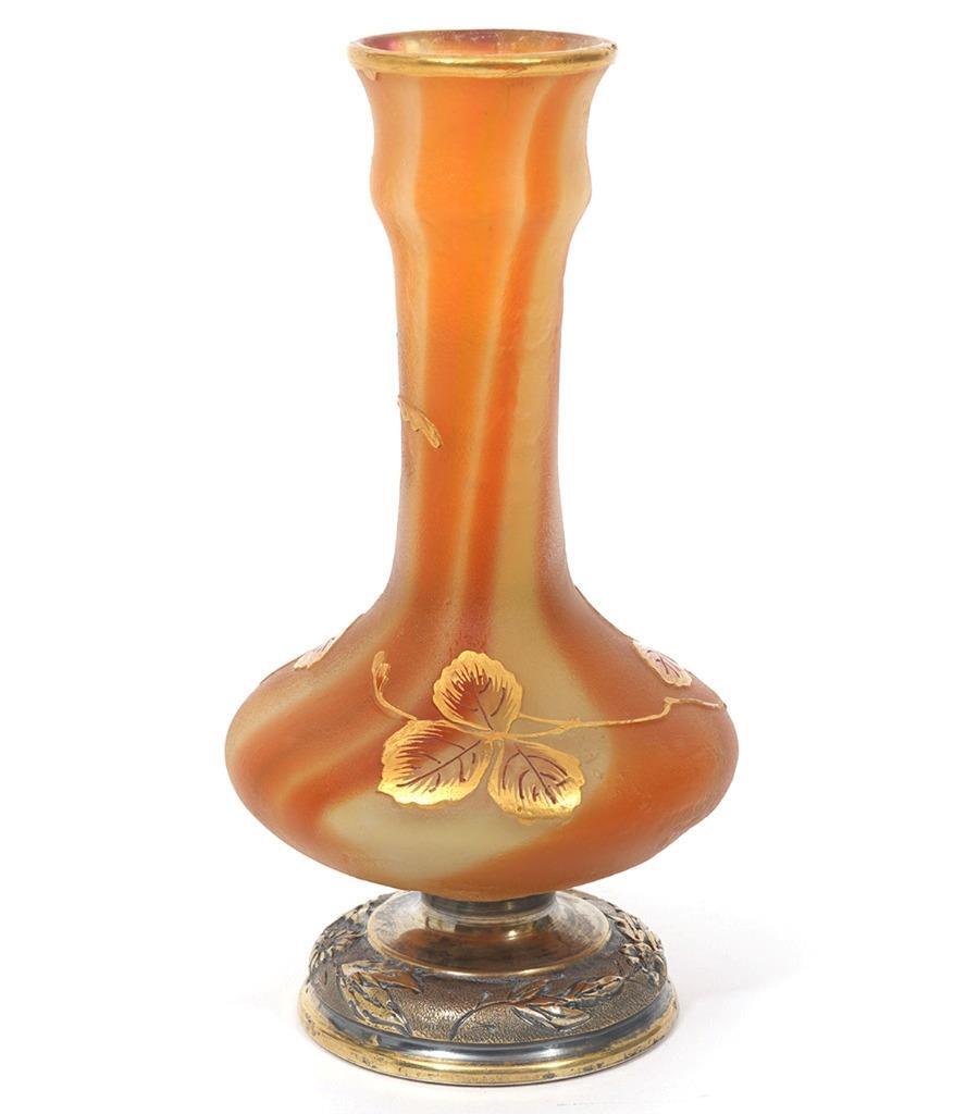 Art Glass Art Nouveau Strawberry Gold Bud Vase w/ Silver Base, 4 1/4″