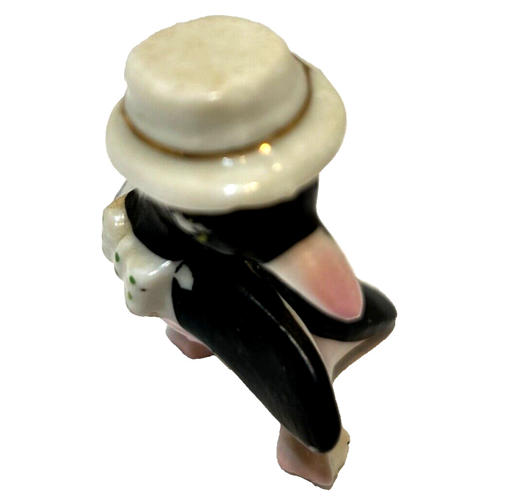 Antique Porcelain Hand Painted Penguin Figurine Top Hat Bow Tie 2.25″ Japan
