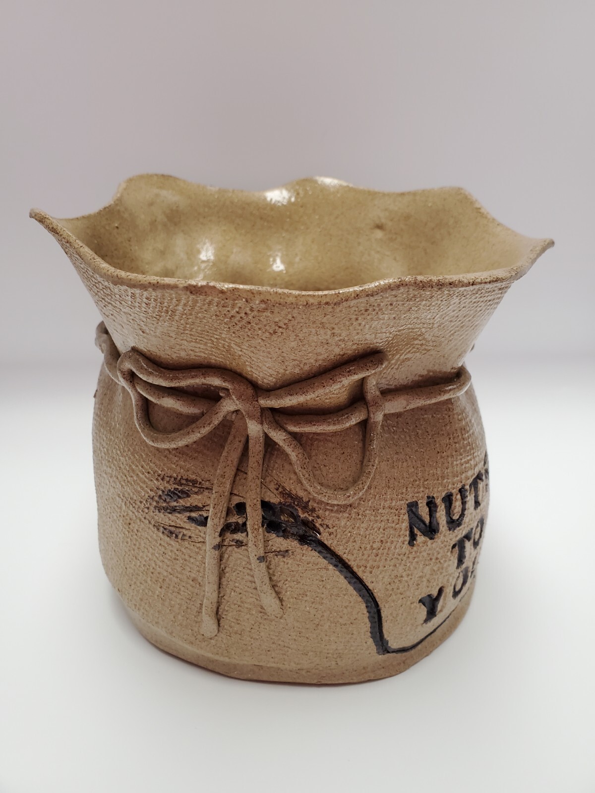 Nancy Hammond Art Pottery 1978 Signed Stoneware Burlap Bag “Nuts to You”