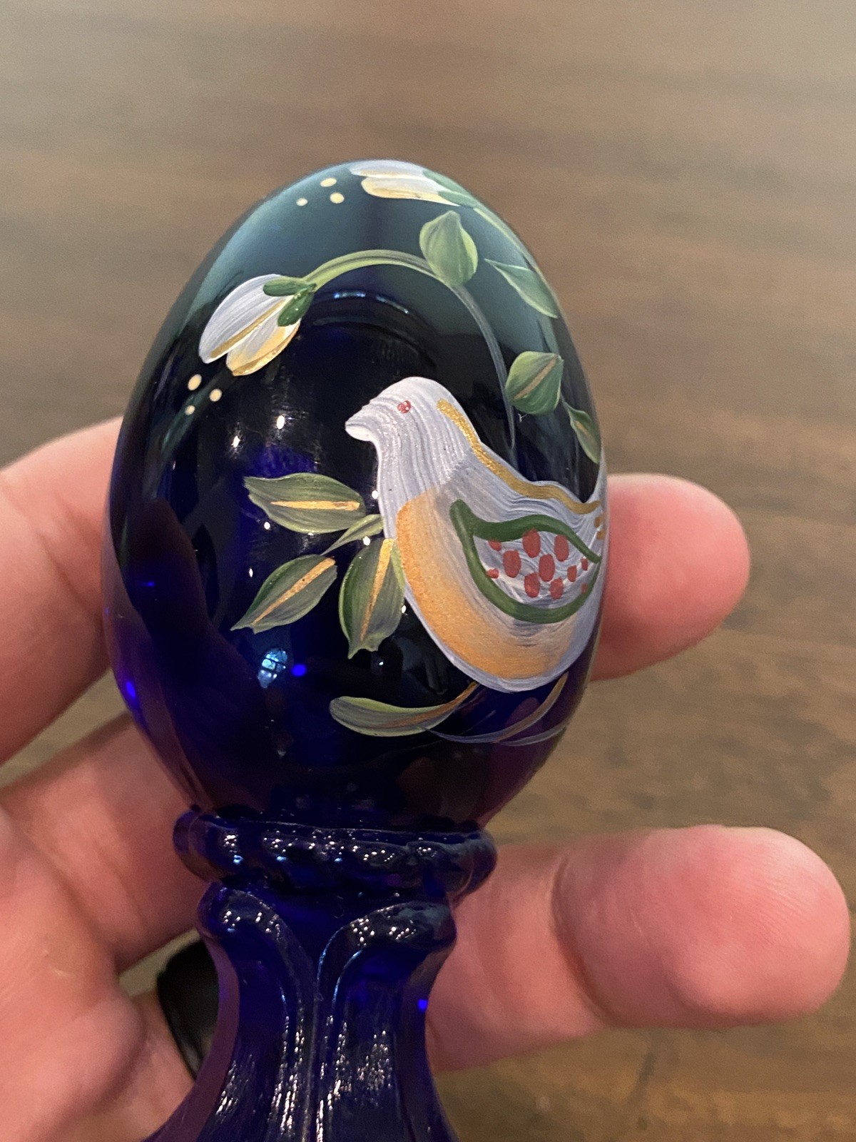 VTG FENTON Cobalt Blue PAINTED BIRD & FLORAL LTD ED #257/3000 Glass Egg 3.75″H
