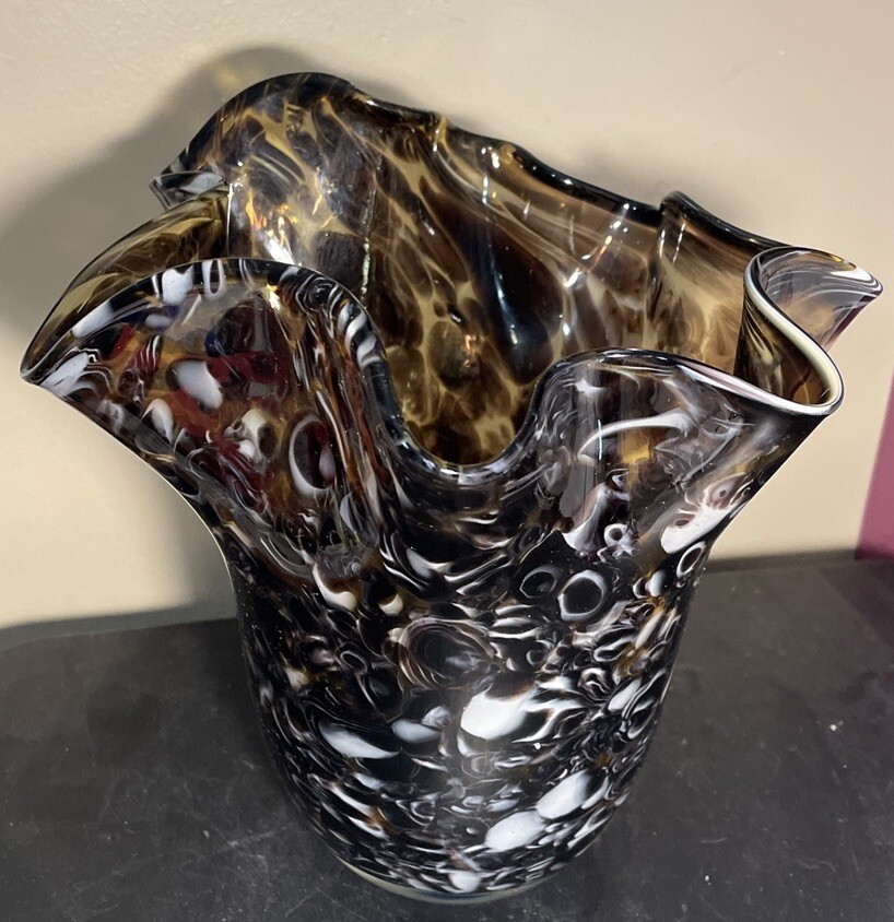 Ruffled Handkerchief Edge Murrhina Vase Brown & White Art Glass 8”