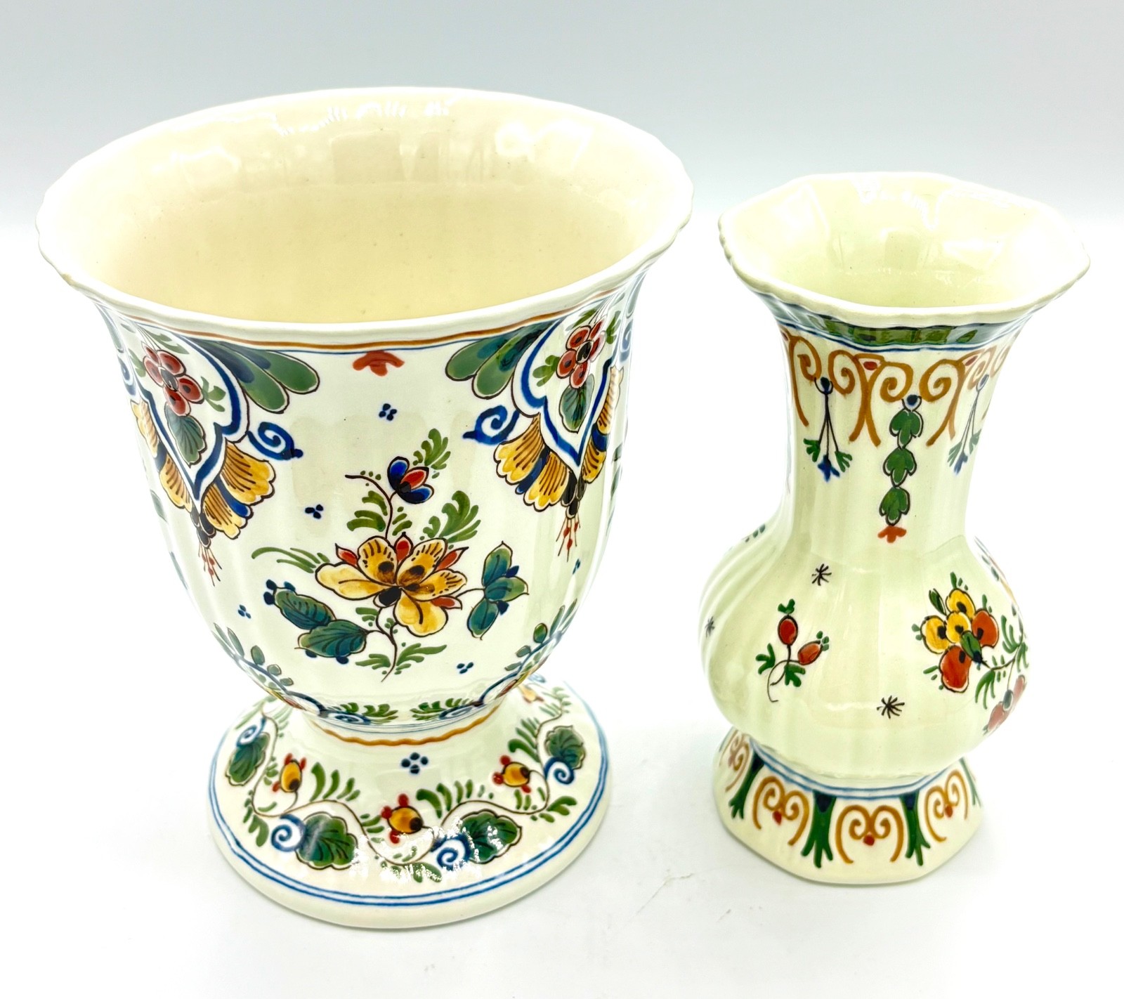 Royal Delft Hand-Painted Porceleyne Fles Set of 2 Vases 6” Dutch Faience Floral