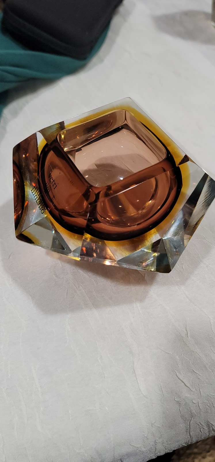 Vintage Murano Faceted Sommerso Ashtray Amber Clear – Seguso Flavio Poli Style –