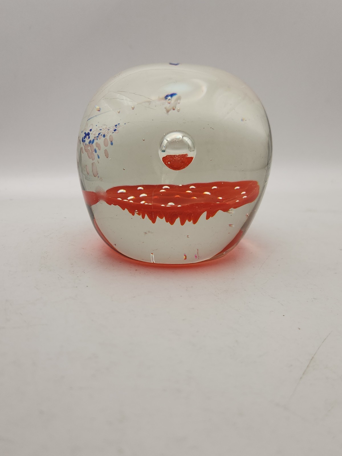 Vtg HandBlown Glass Paperweight Ball Orb Orange Blue Clear Bubble MCM Trippy