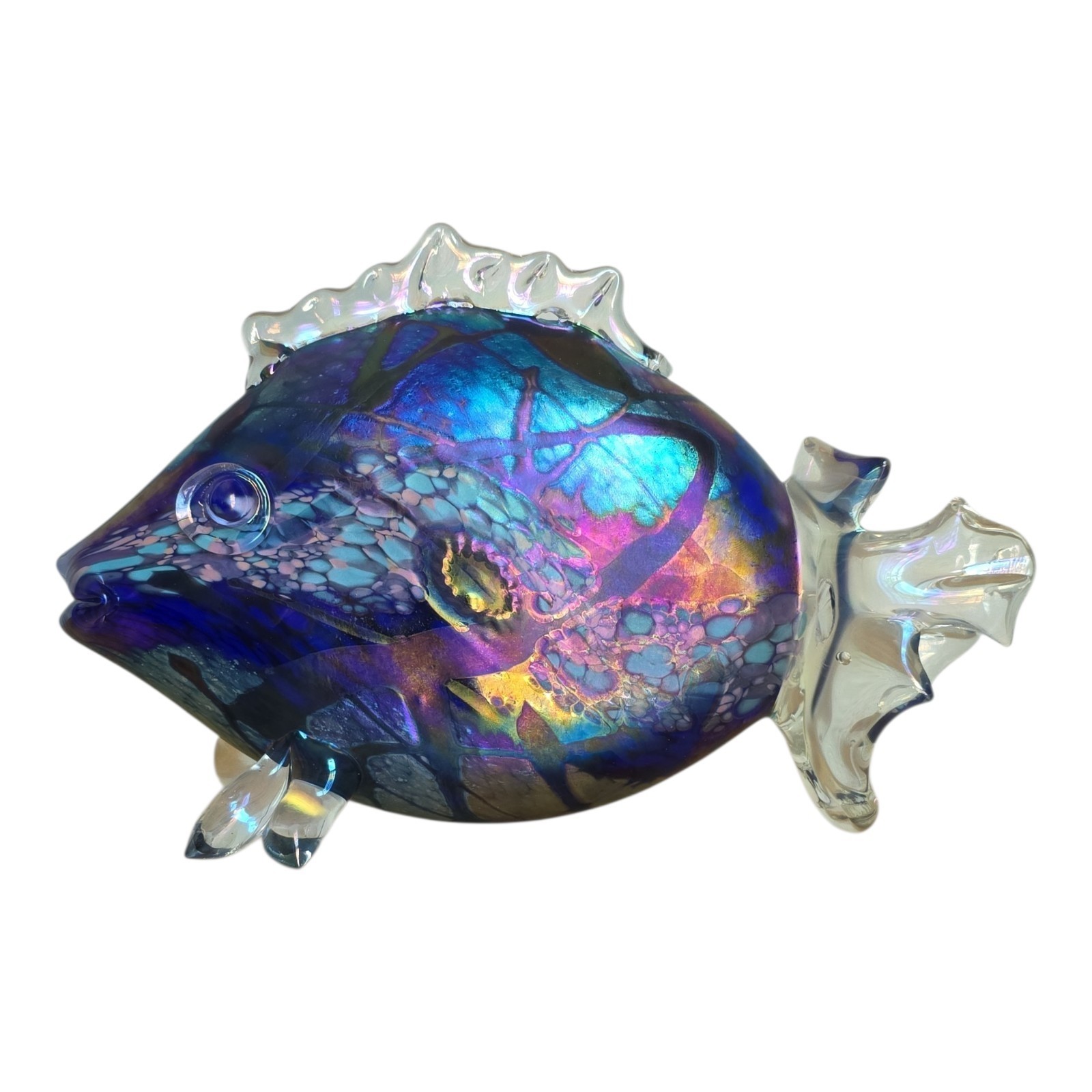David Tate Iridescent Hand Blown Art Glass Tropical Fish Signed 11″ x 7.25″