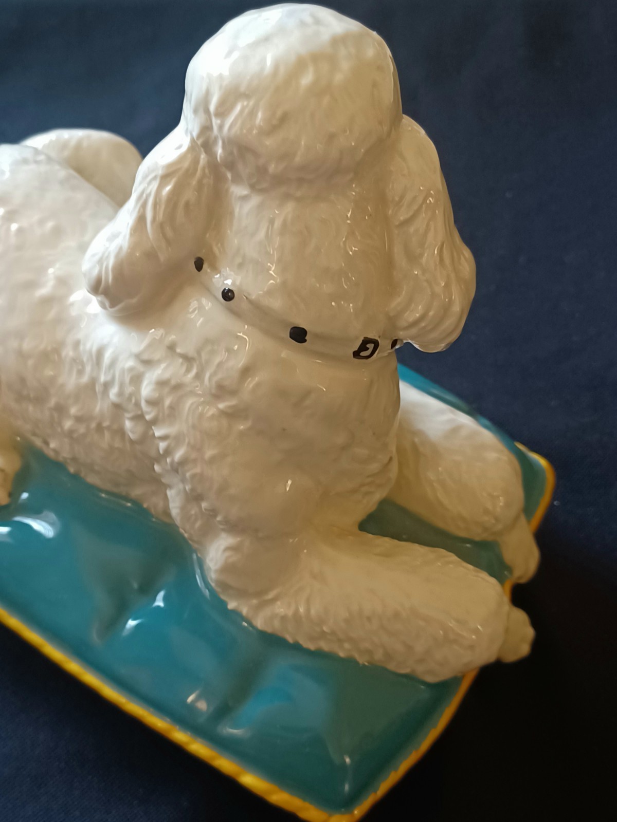 Vintage 1980s Royal Doulton Beswick White Poodle On Blue Cushion Dog Figurine