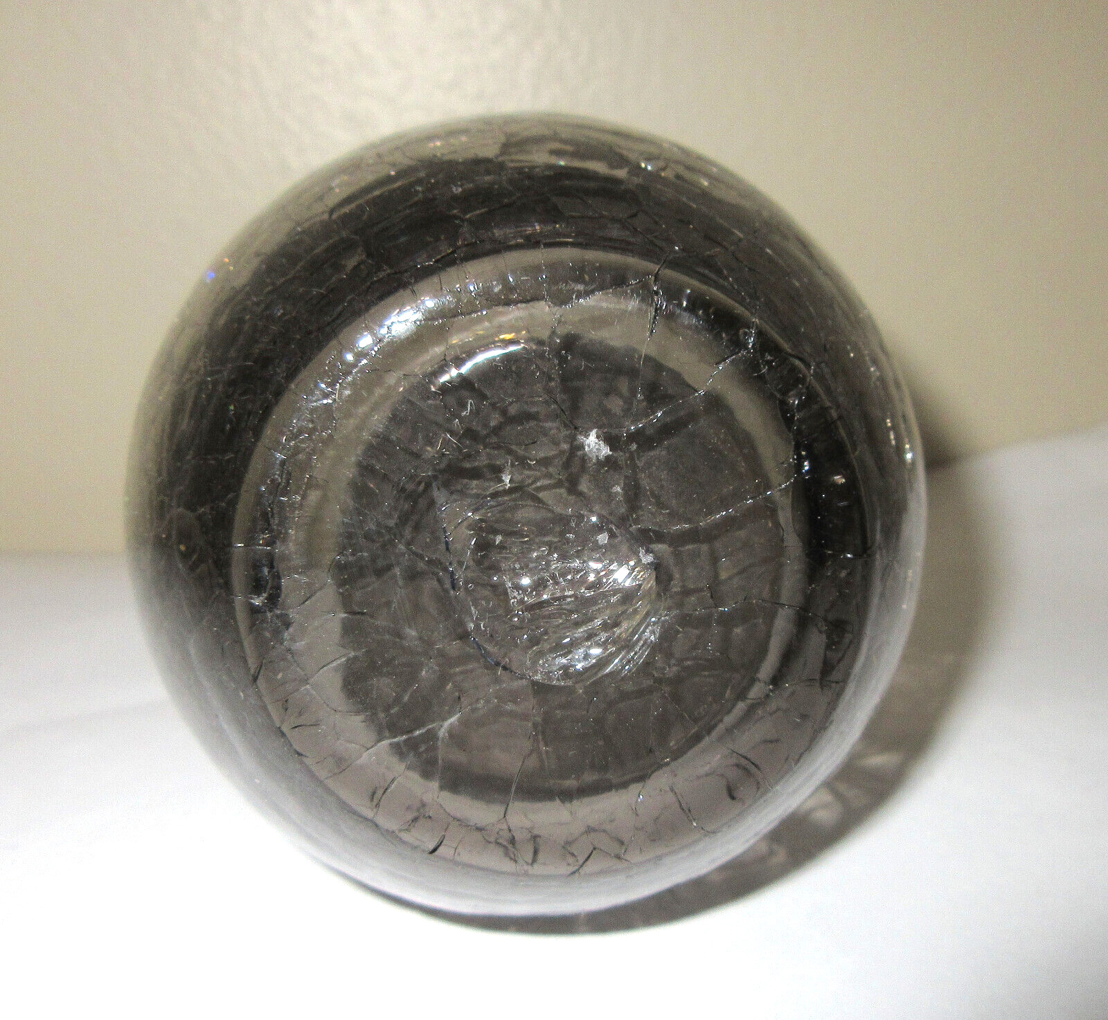MCM Vase Crackle Glass Smoke Gray Rigoree Ruffled Rim 6.5″ Tall Pontil Mark Vtg
