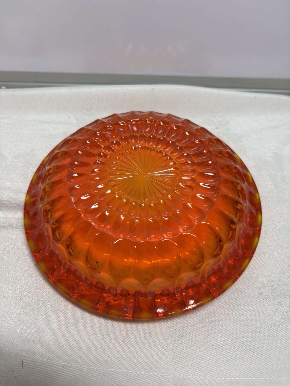 Vintage MCM Amber Tangerine Orange Round 4 Slot Starburst Raindrop Glass Ashtray