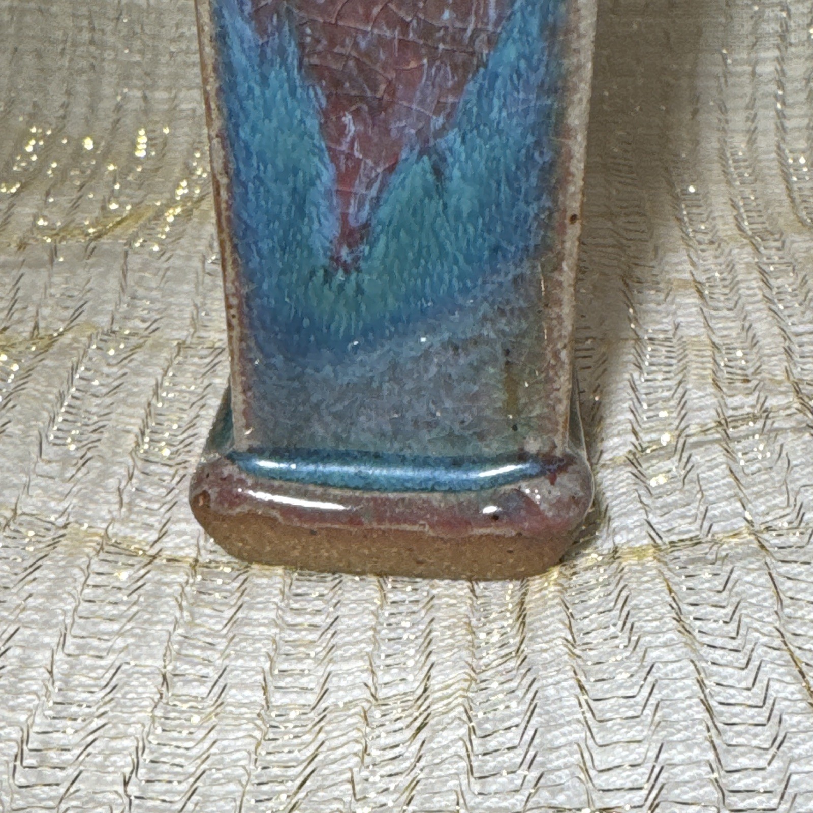 Signed Ceramic Vase Brown & Blue Crackle Glaze Square Base 1.5”d x 6” h x 1.5 w.