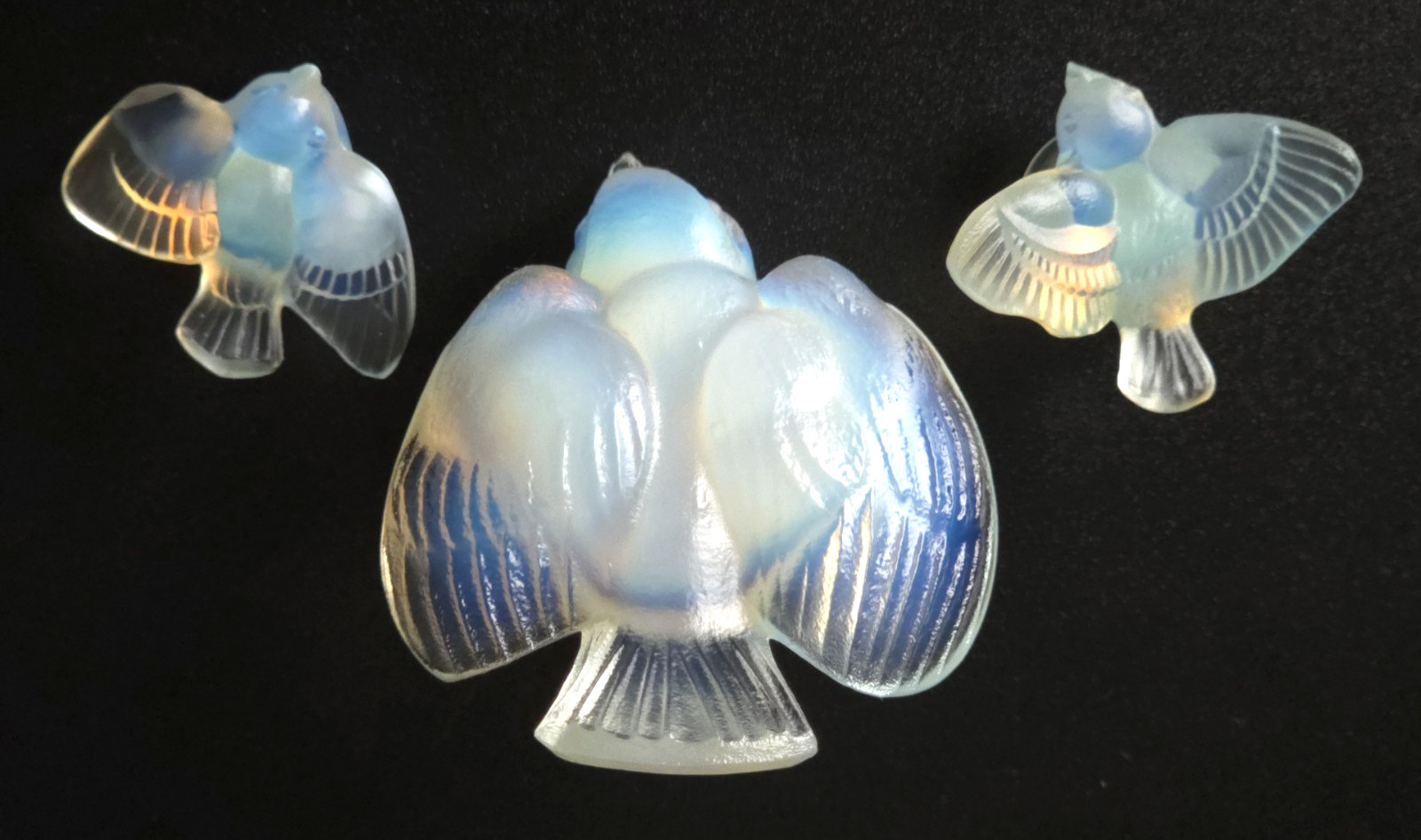 Vtg Sabino France Opalescent Glass Bird Set (3) Small Oiseau Picotant Signed