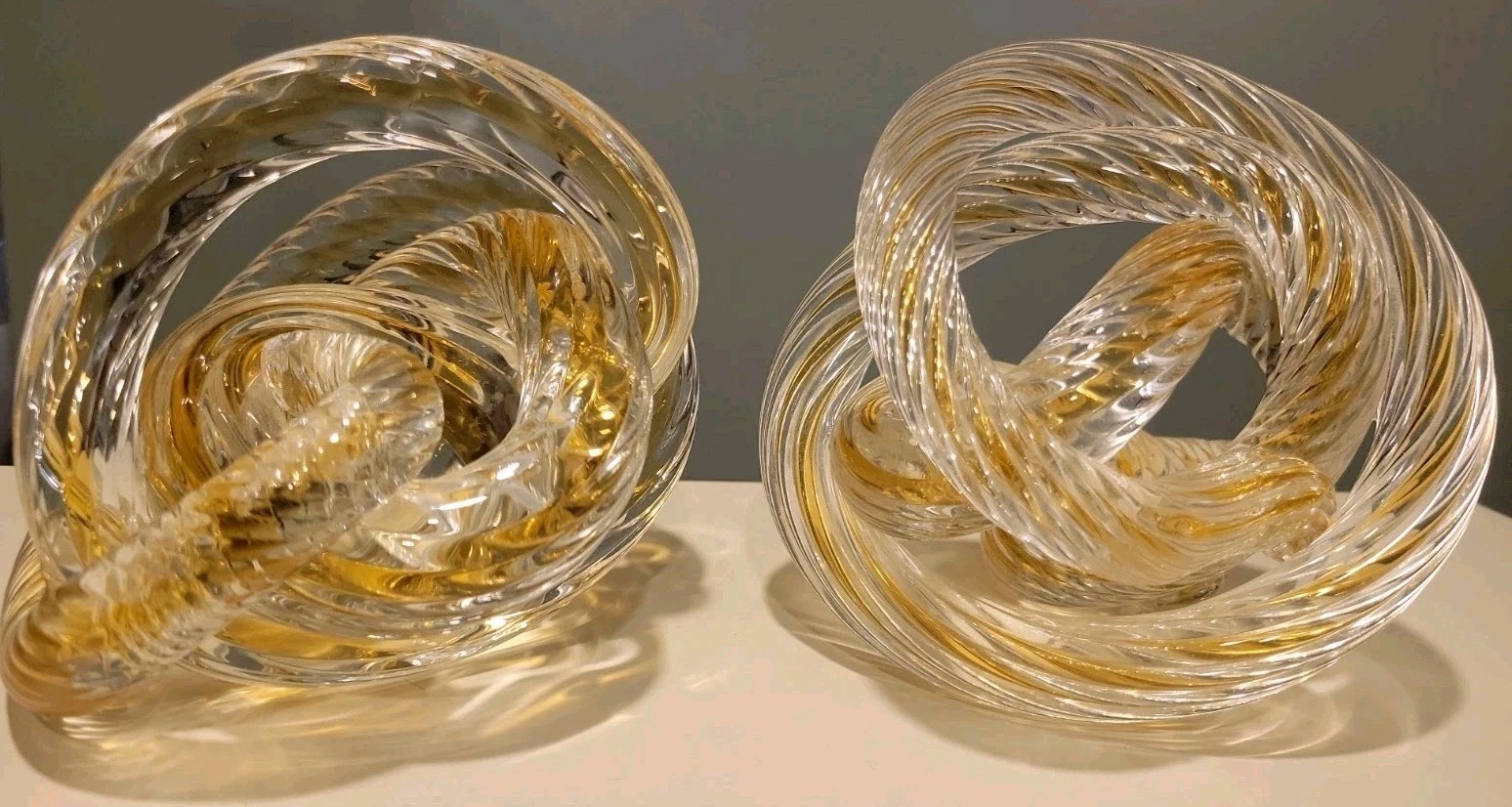 Pair of Handmade “WRAP” Art Glass Sculpture- Amber Modern Beautiful Decorative