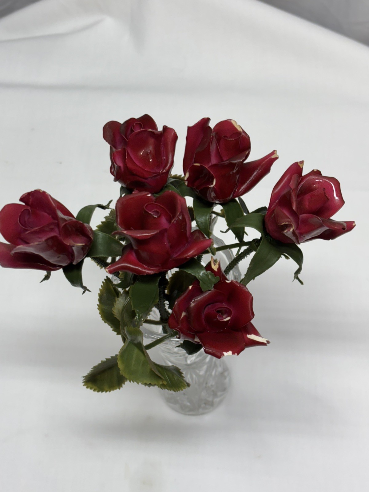 Fine Porcelain Flowers – 6 Red Rose Bunch Hand Sculpted w/6″ Lenox Crystal vase
