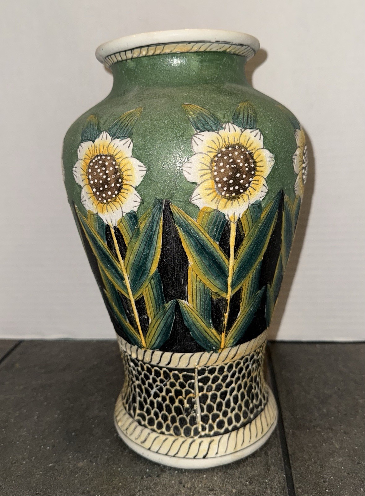 Vintage Sunflower Pottery Urn Style Textured Vase