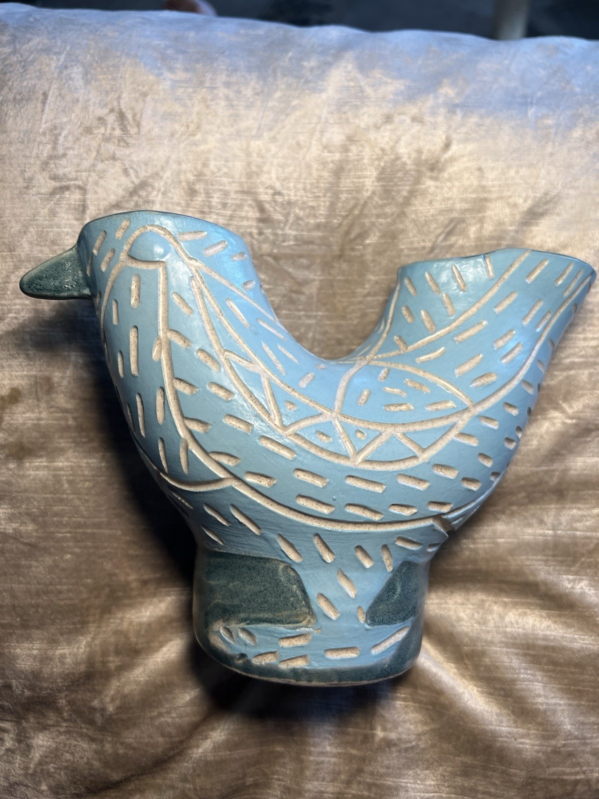 Art Pottery Sgraffito Blue Bird U Vase Signed By Linda Matson Of SF California