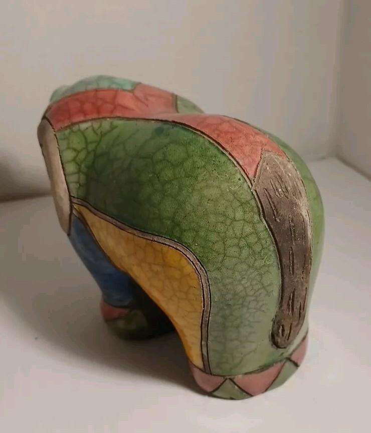 Raku Pottery Elephant Sculpture South Africa Bright Colors Trunk Up Good Luck